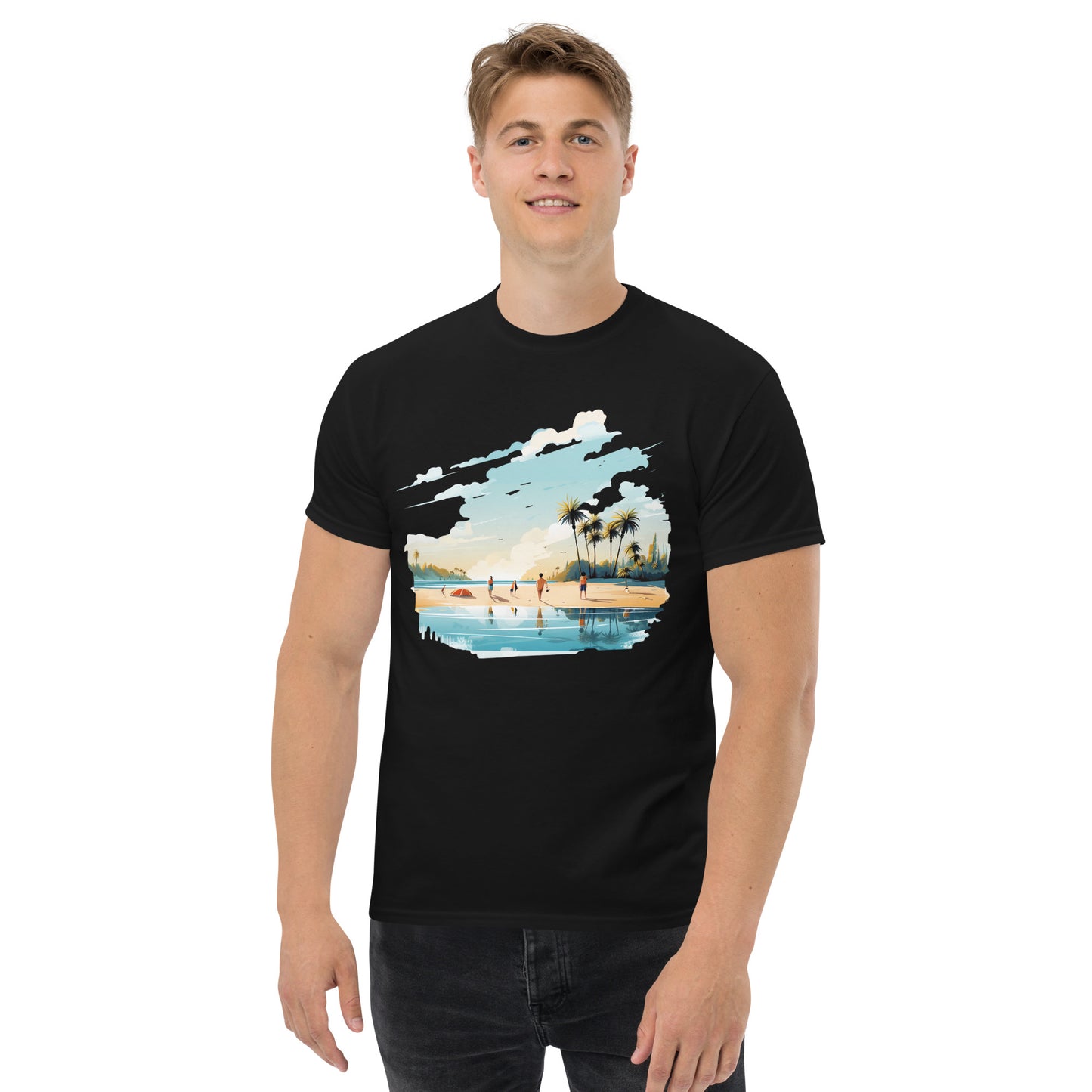 Men with black T-shirt and a picture of a island with sea and sand