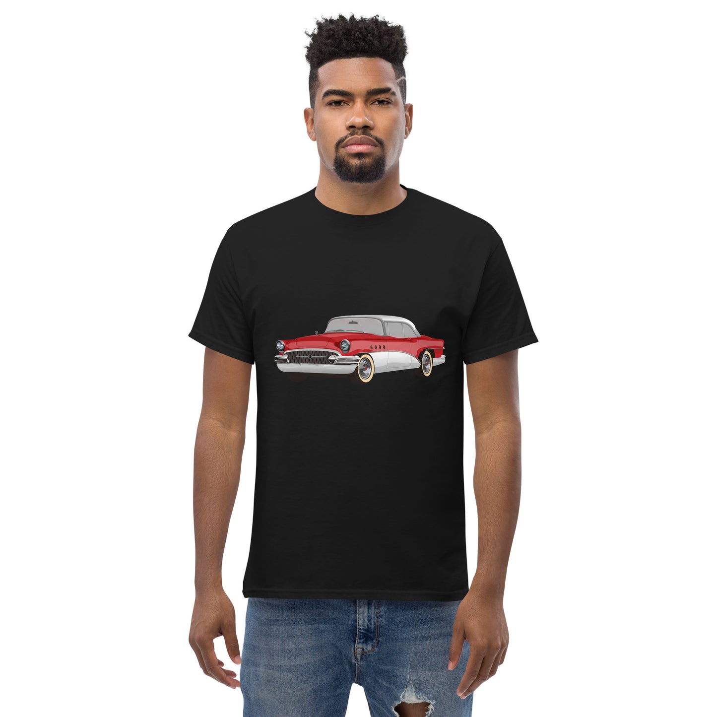 Men with black t-shirt with red Chevrolet 