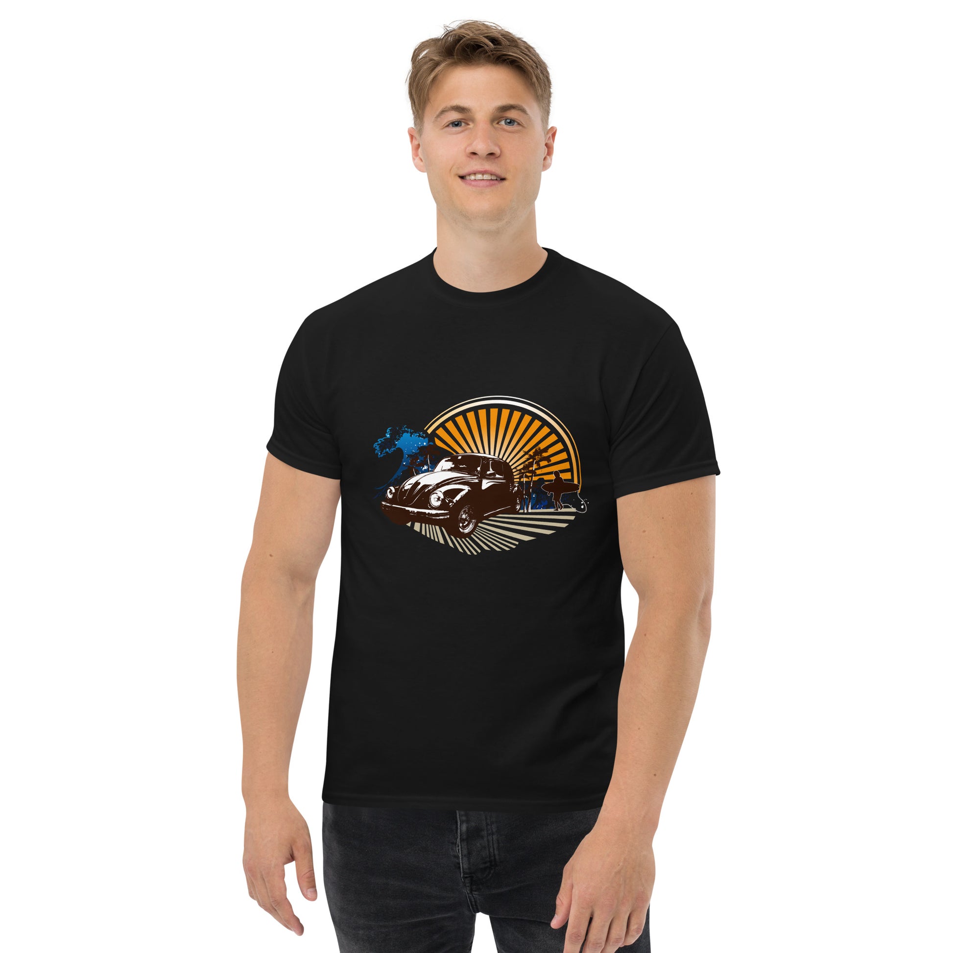 Men with black t-shirt with sunset and beetle car