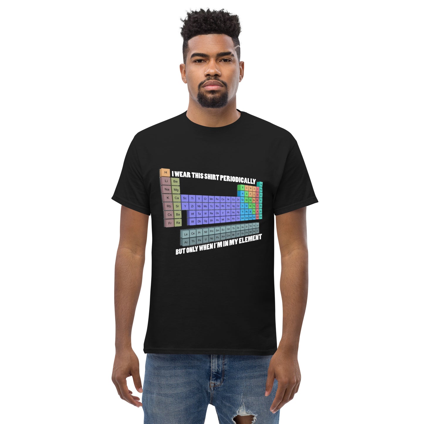 Man with black t-shirt with Mendelev's table
