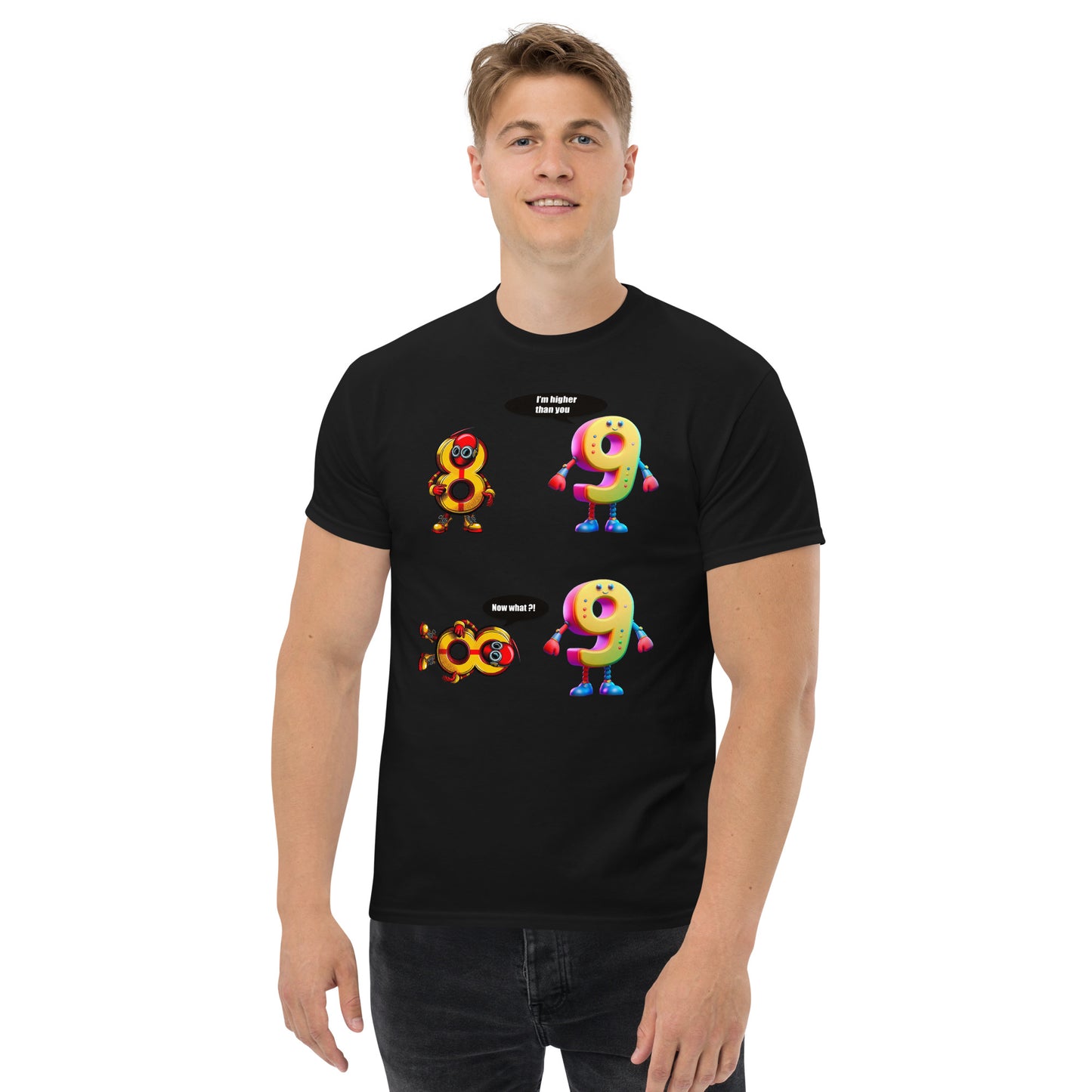 Man with black t-shirt with picture of 8 and 9 having a discussion