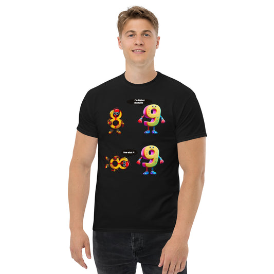 Man with black t-shirt with picture of 8 and 9 having a discussion 