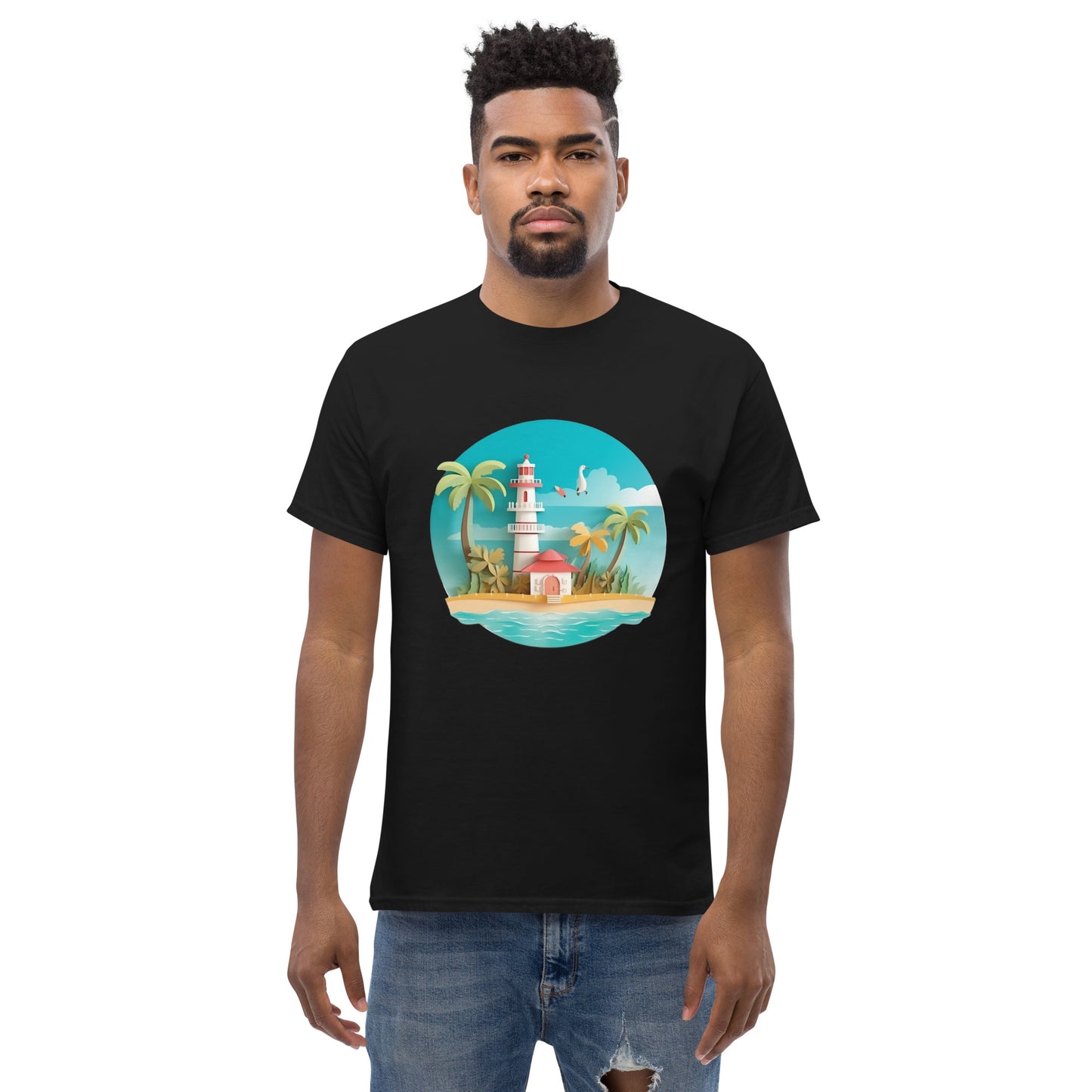 Man with black t-shirt with picture of lighthouse and palm trees