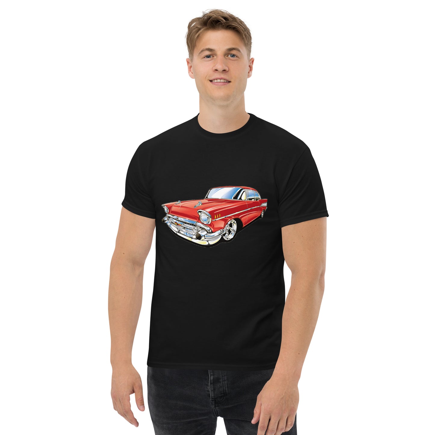man with black t-shirt with picture of red Chevrolet Bell air