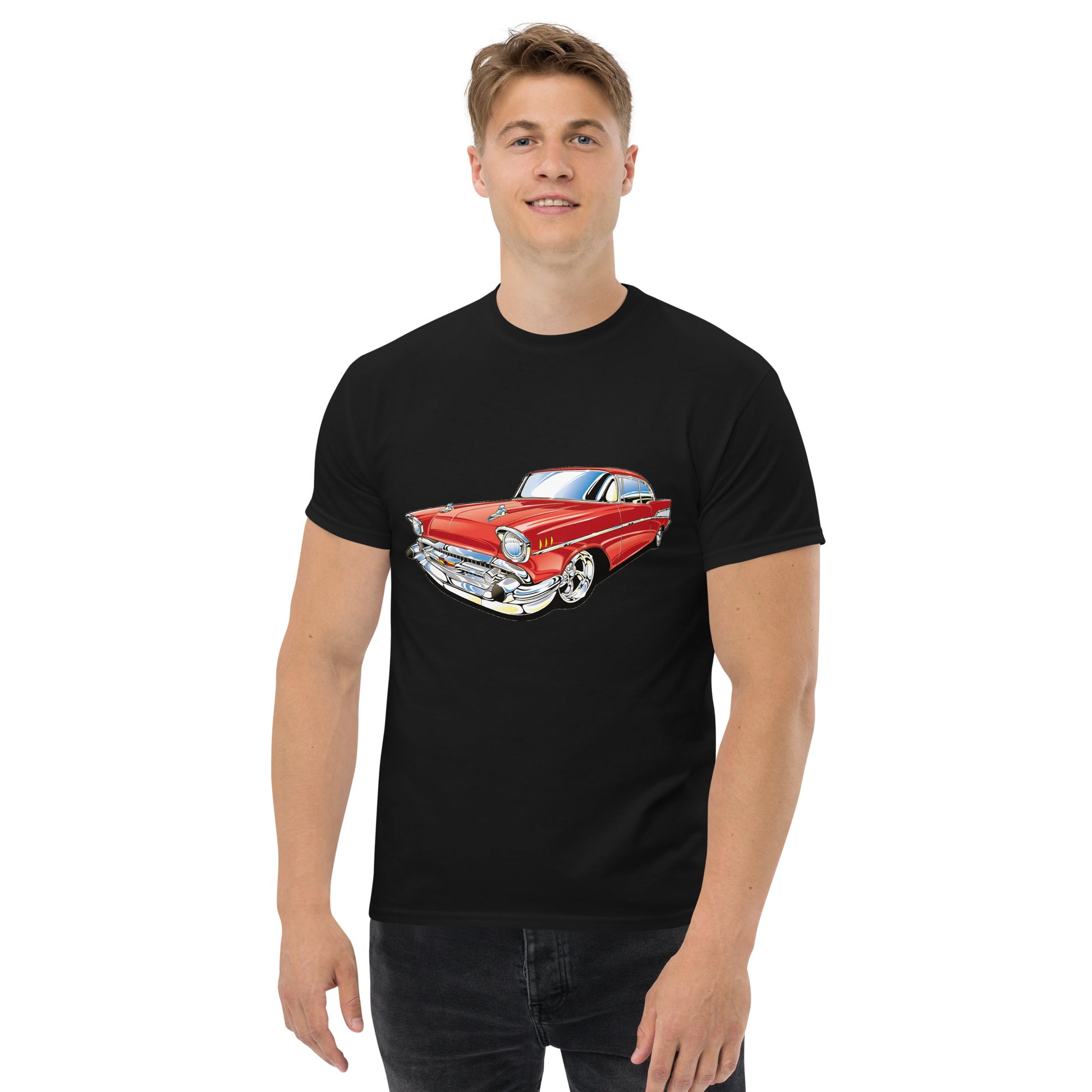 man with black t-shirt with picture of red Chevrolet Bell air  