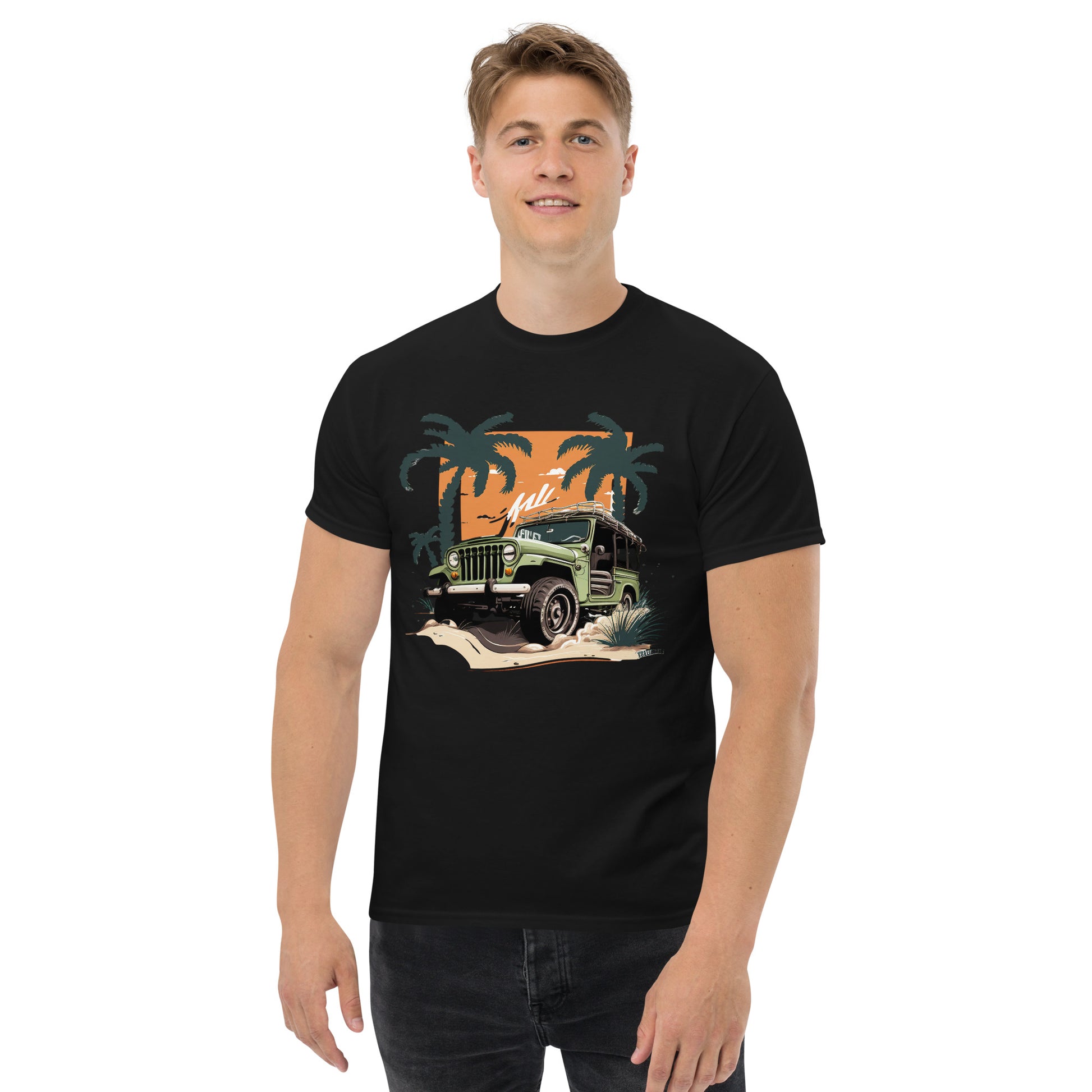 man with black t-shirt with picture of jeep in front of palm trees 