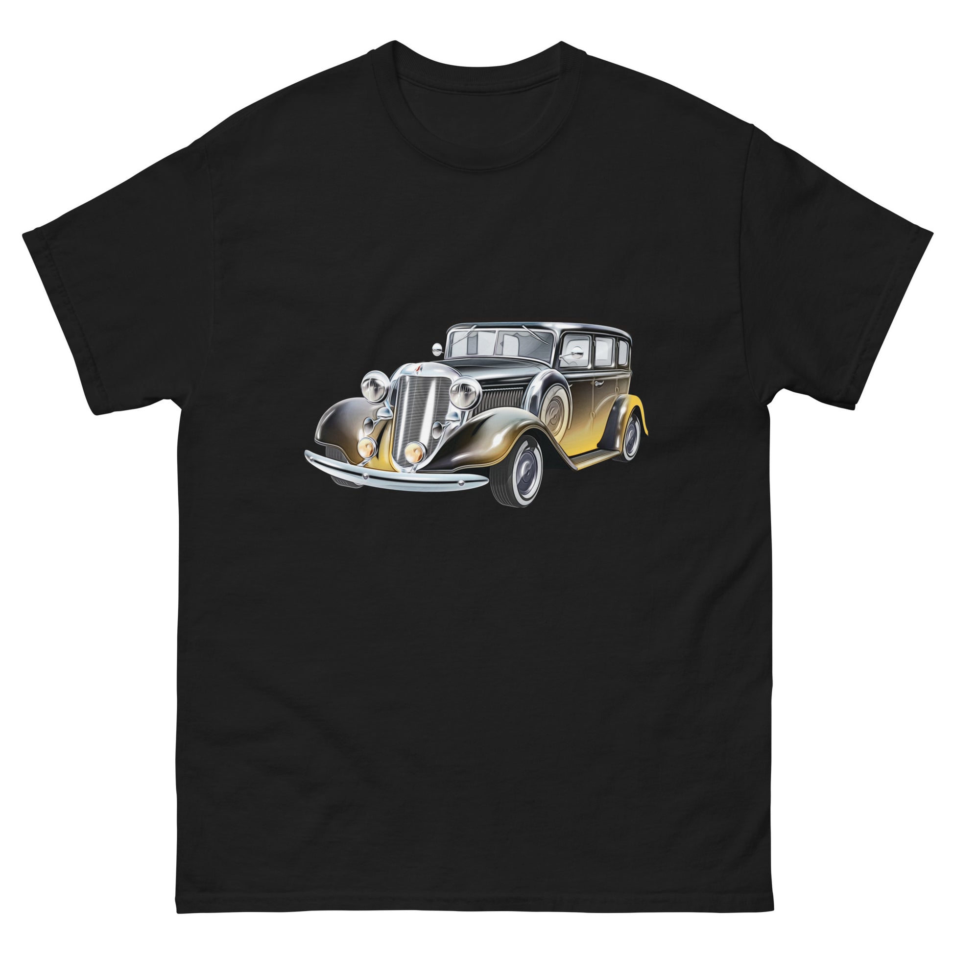 black t-shirt with picture of vintage car