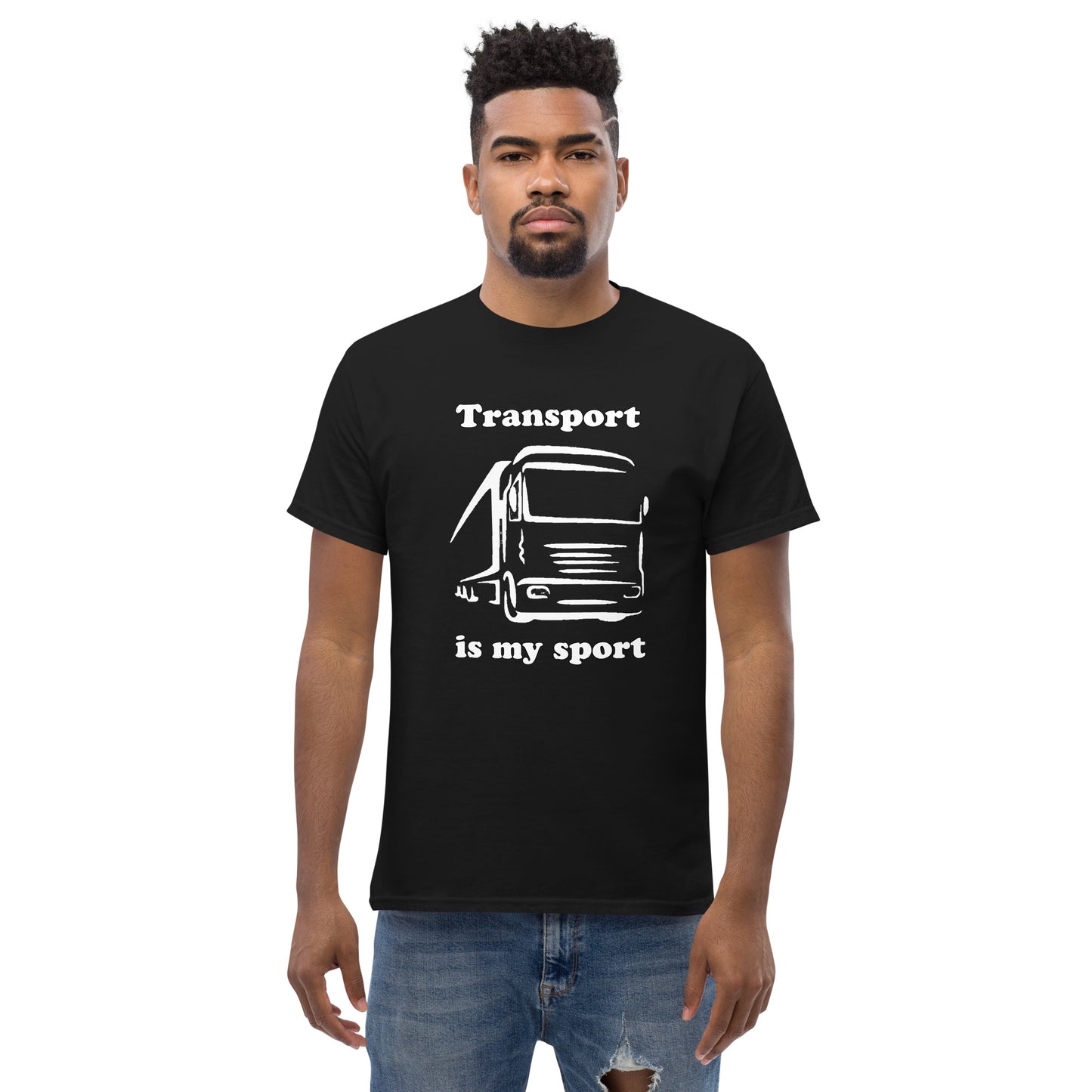 Man with black t-shirt with picture of truck and text "Transport is my sport"