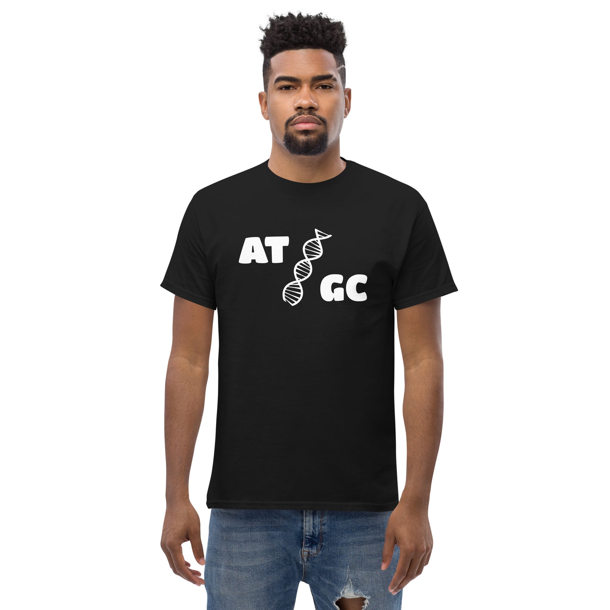 Men with black t-shirt with image of a DNA string and the text "ATGC"