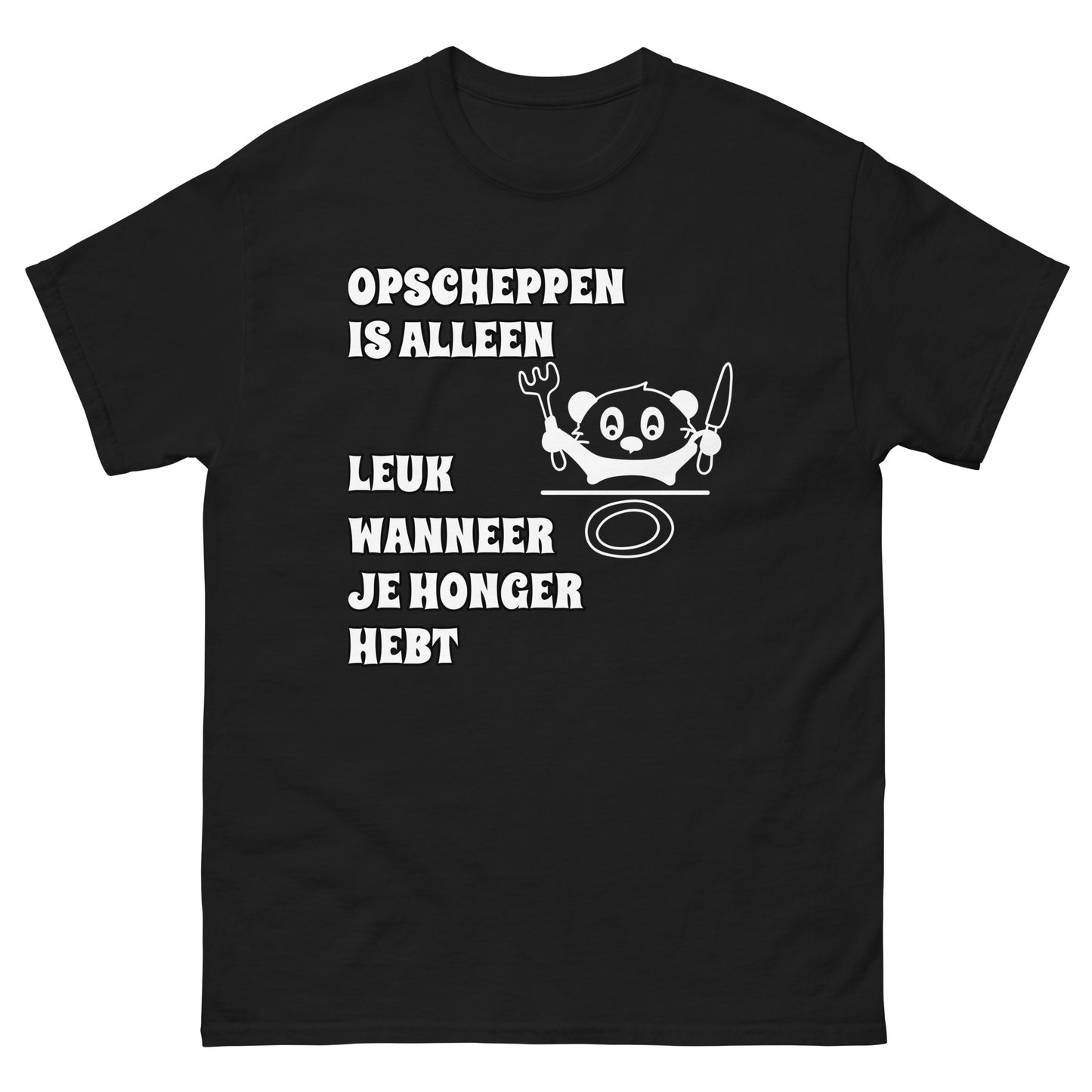 zwarte T-shirt met tekst “opscheppen is alleen leuk wanneer je honger hebt”