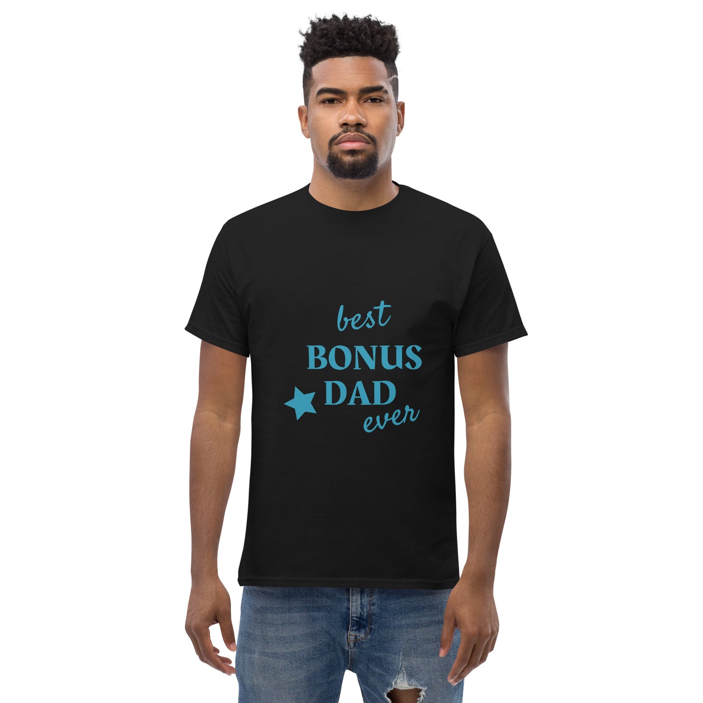 Men with black t-shirt with text "best BONUS DAD ever"