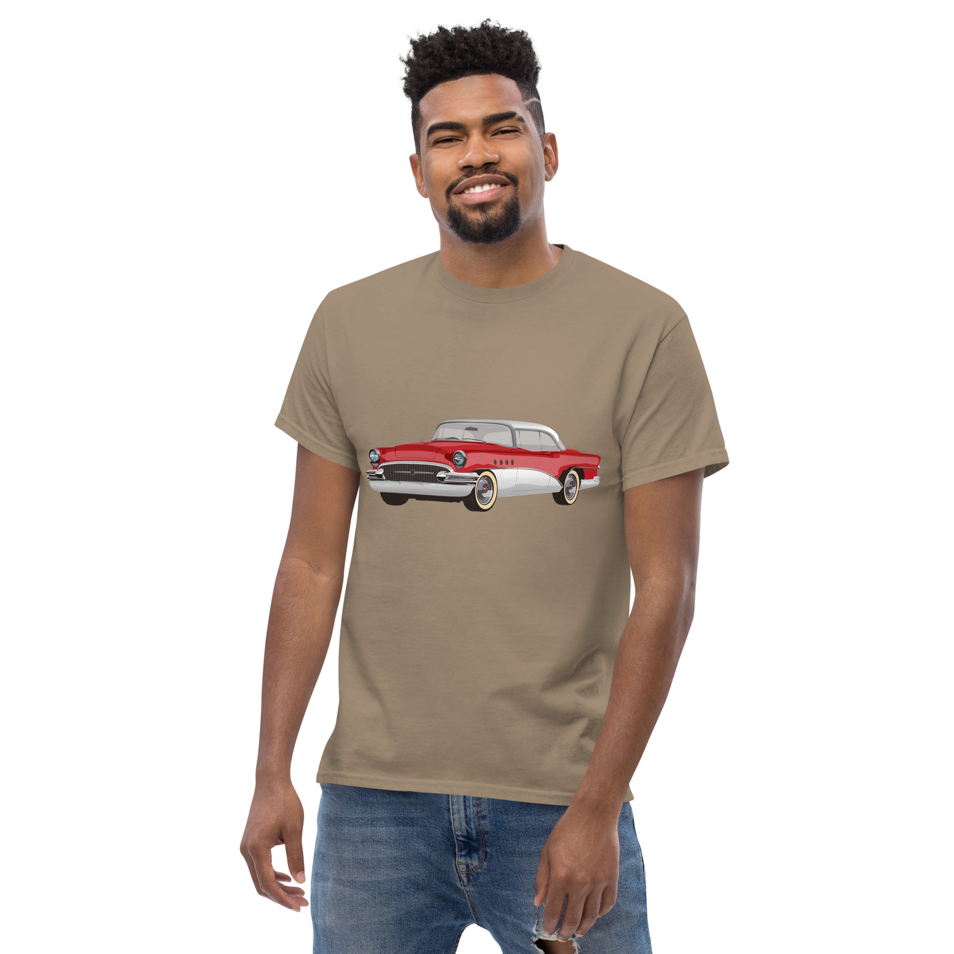 Men with brown t-shirt with red Chevrolet 