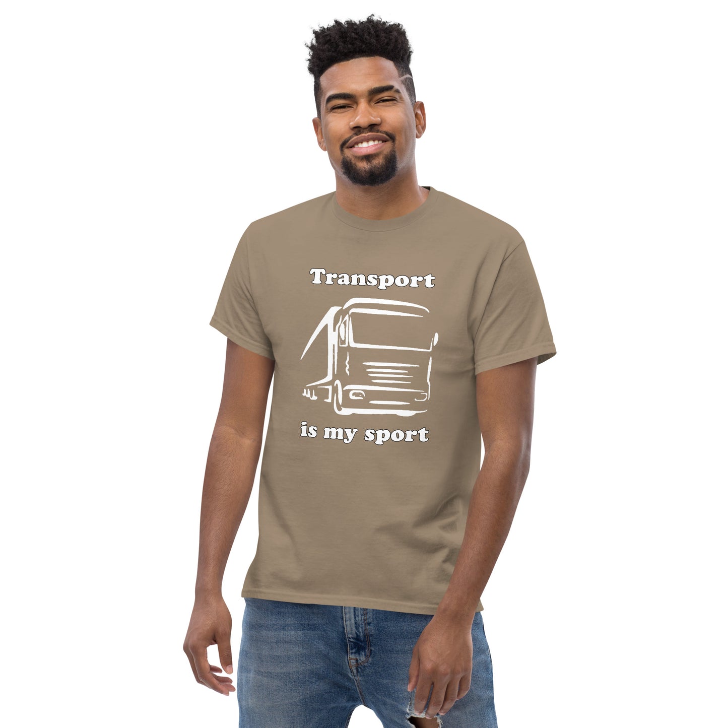 Man with brown t-shirt with picture of truck and text "Transport is my sport"
