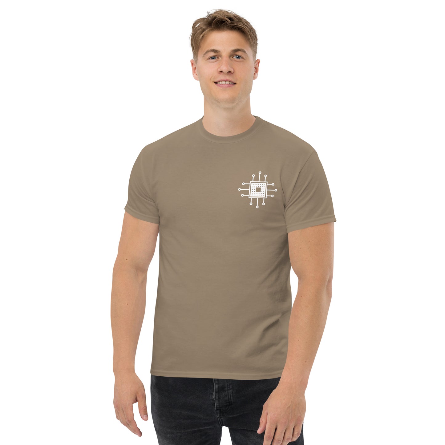 Men with brown savana T-shirt with the picture CPU 