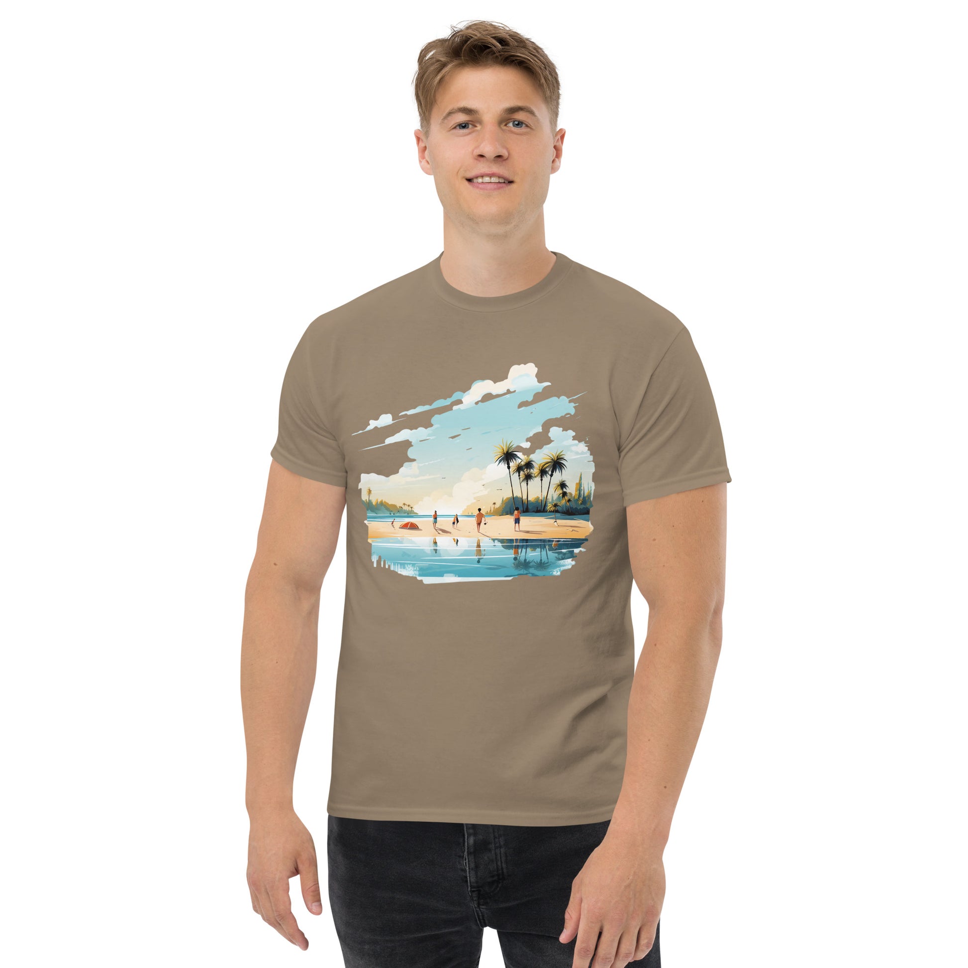Men with brown savana T-shirt and a picture of a island with sea and sand