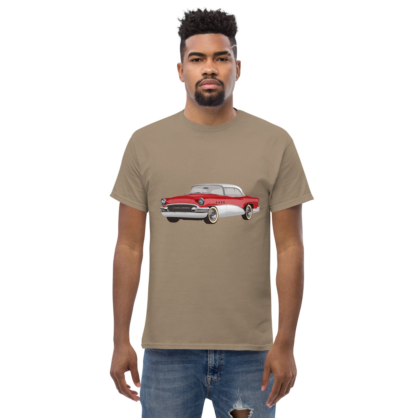 Men with brown t-shirt with red Chevrolet
