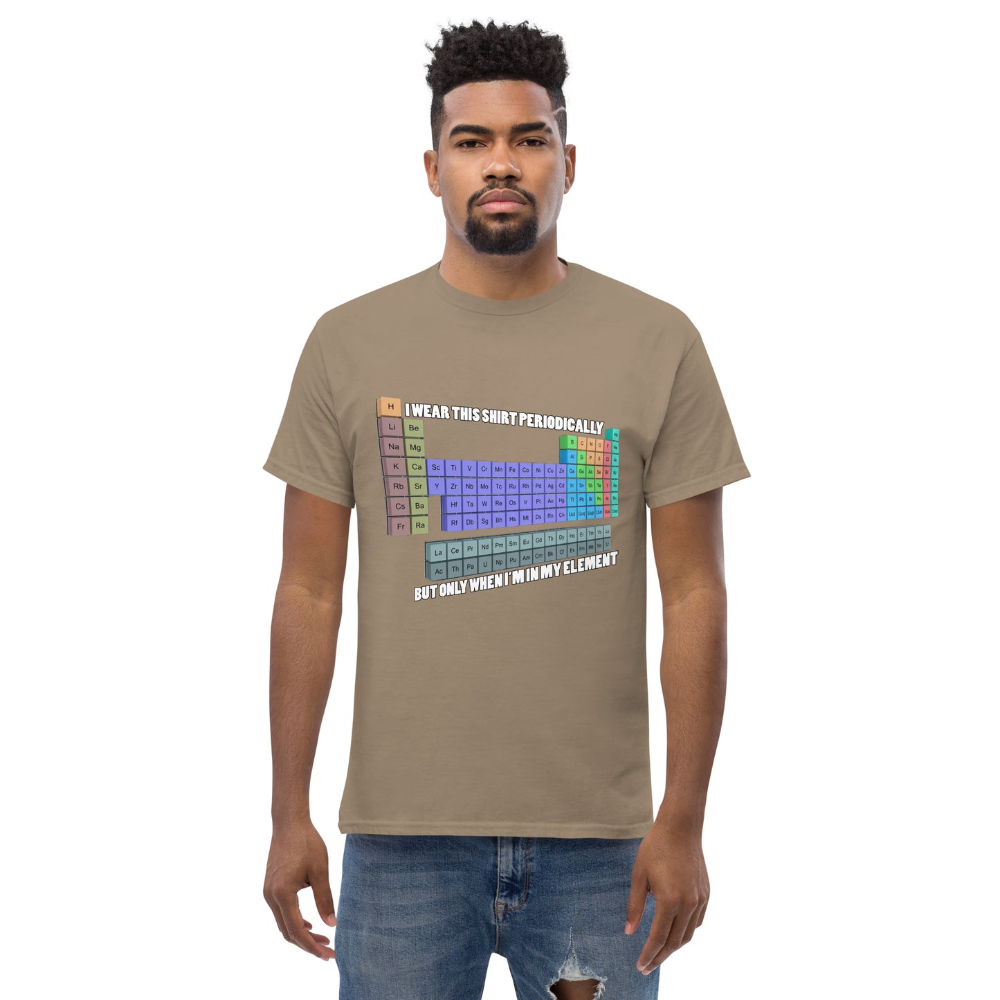 Man with brown t-shirt with Mendelev's table