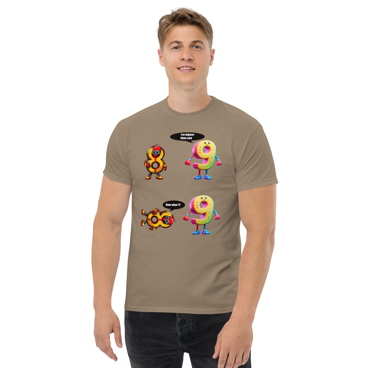 Man with brown t-shirt with picture of 8 and 9 having a discussion 