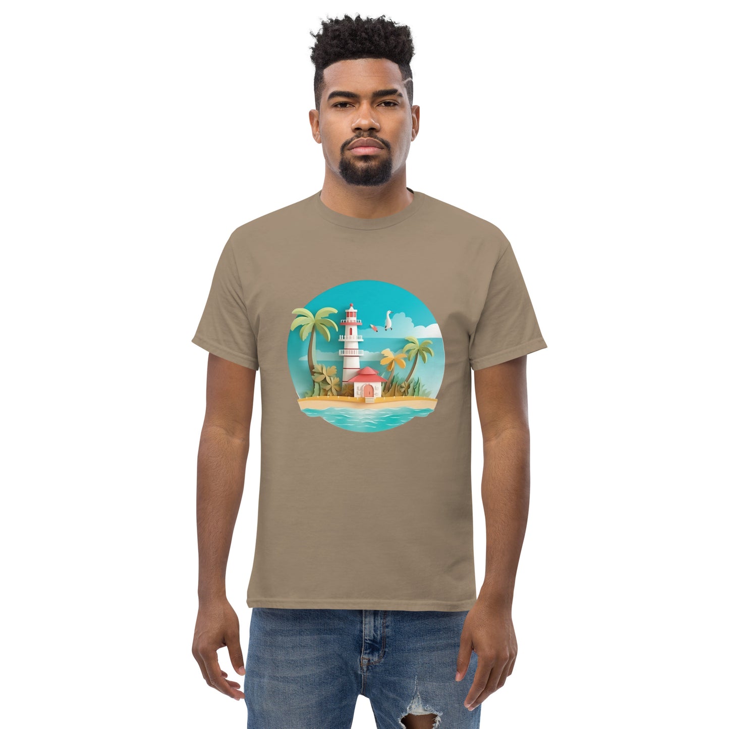 Man with brown t-shirt with picture of lighthouse and palm trees