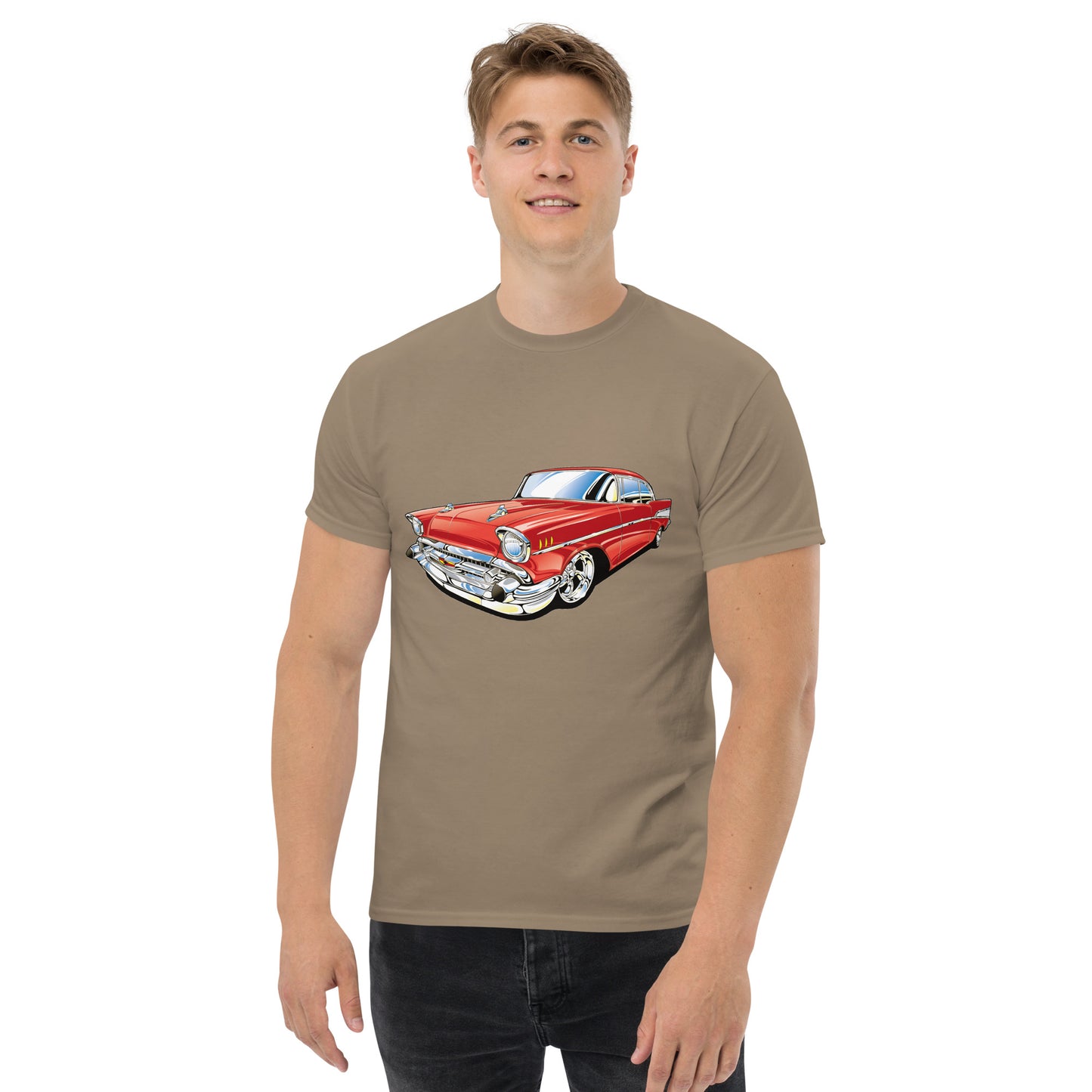 man with brown t-shirt with picture of red Chevrolet Bell air  