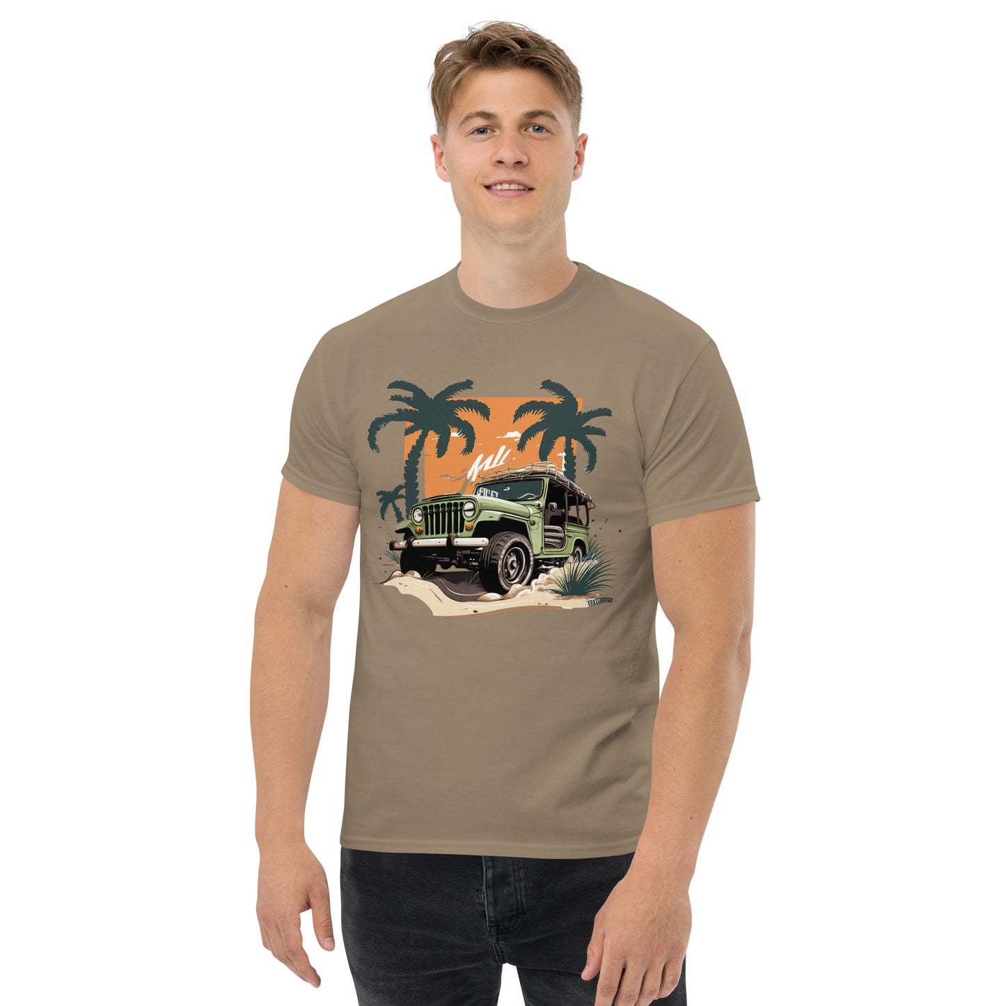 man with brown t-shirt with picture of jeep in front of palm trees 