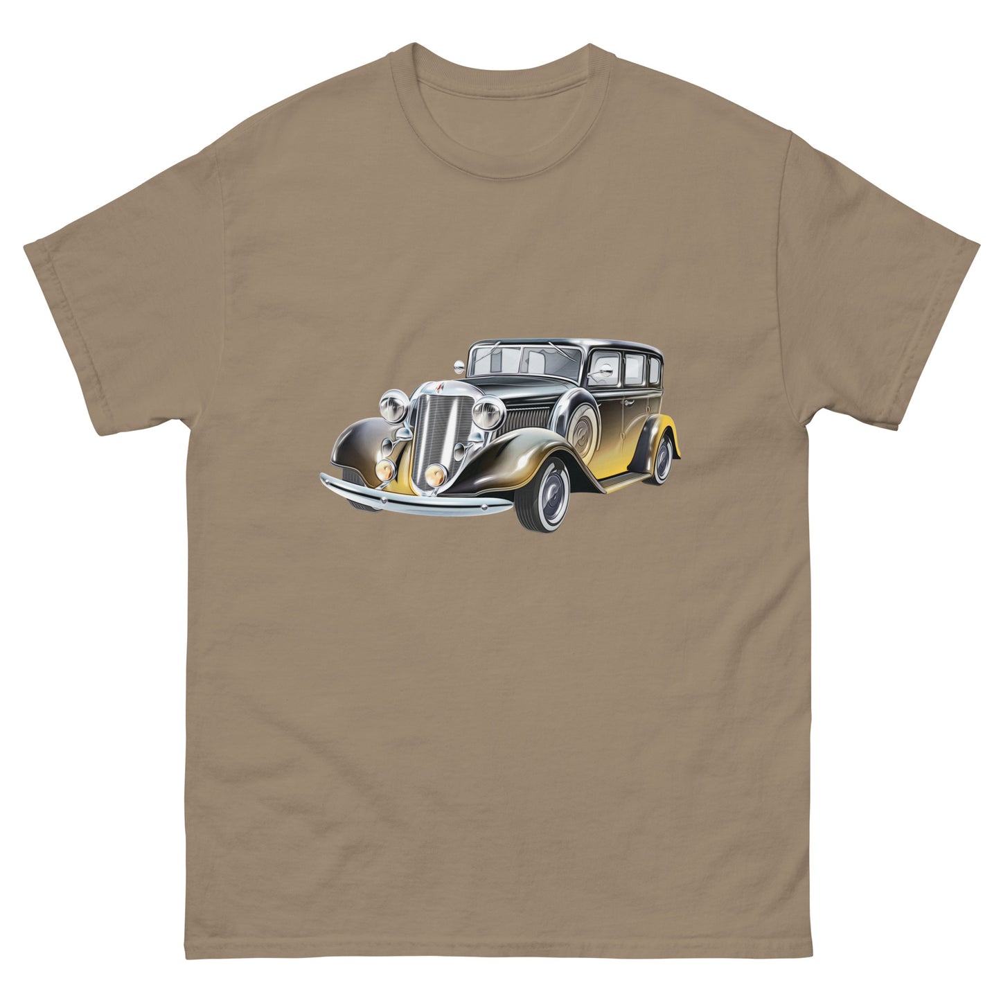 brown t-shirt with picture of vintage car