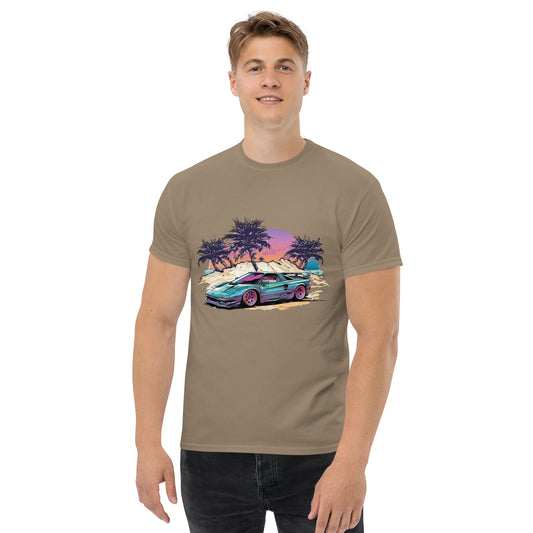 man with brown t-shirt with picture of vintage car in front of palm trees 