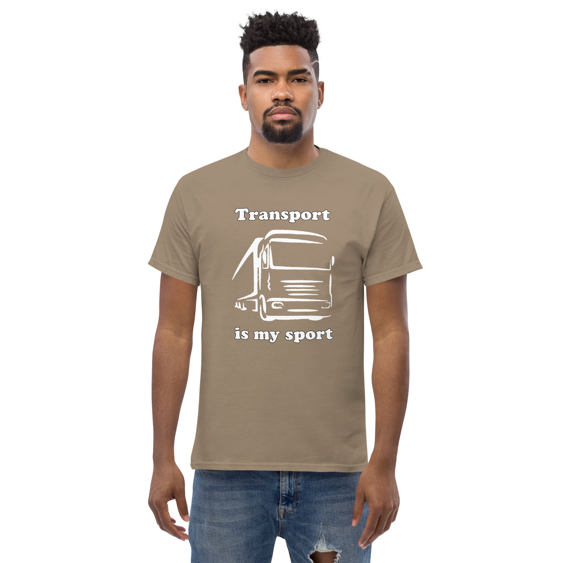 Man with brown t-shirt with picture of truck and text "Transport is my sport"