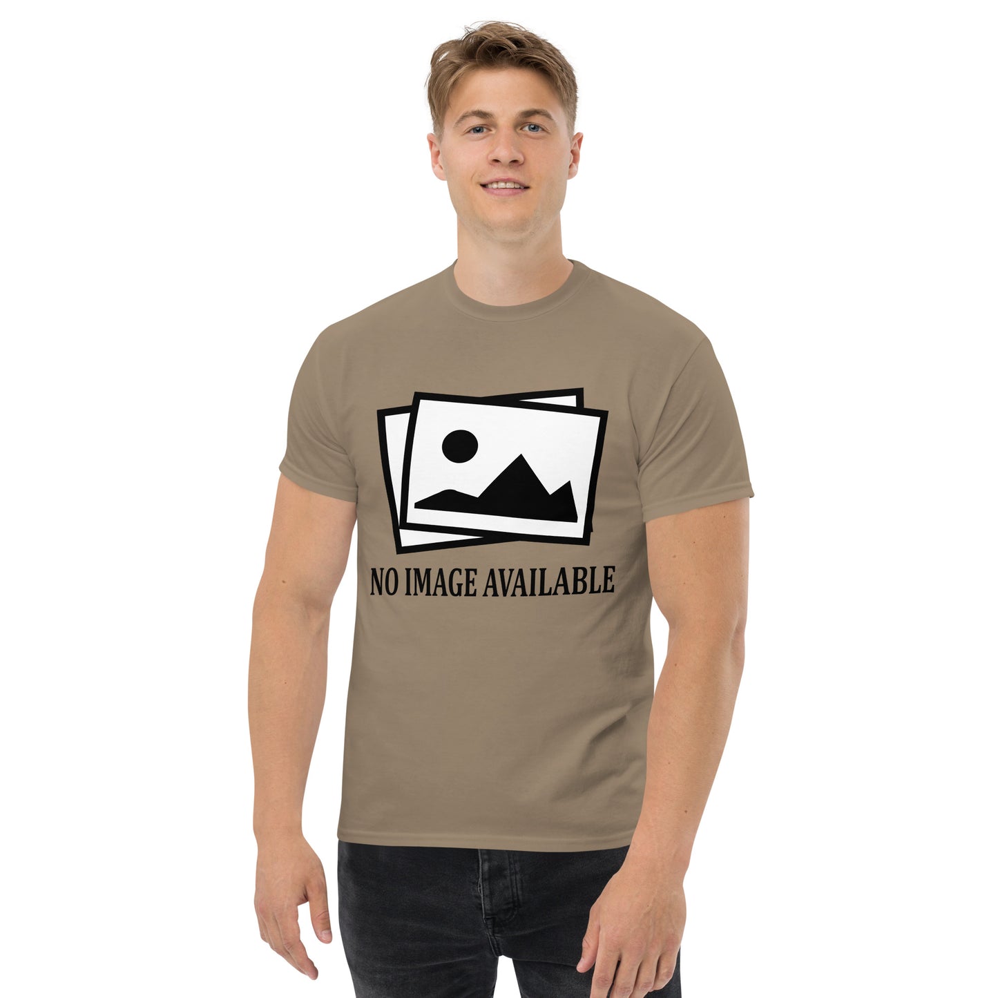 Men with brown t-shirt with image and text "no image available"