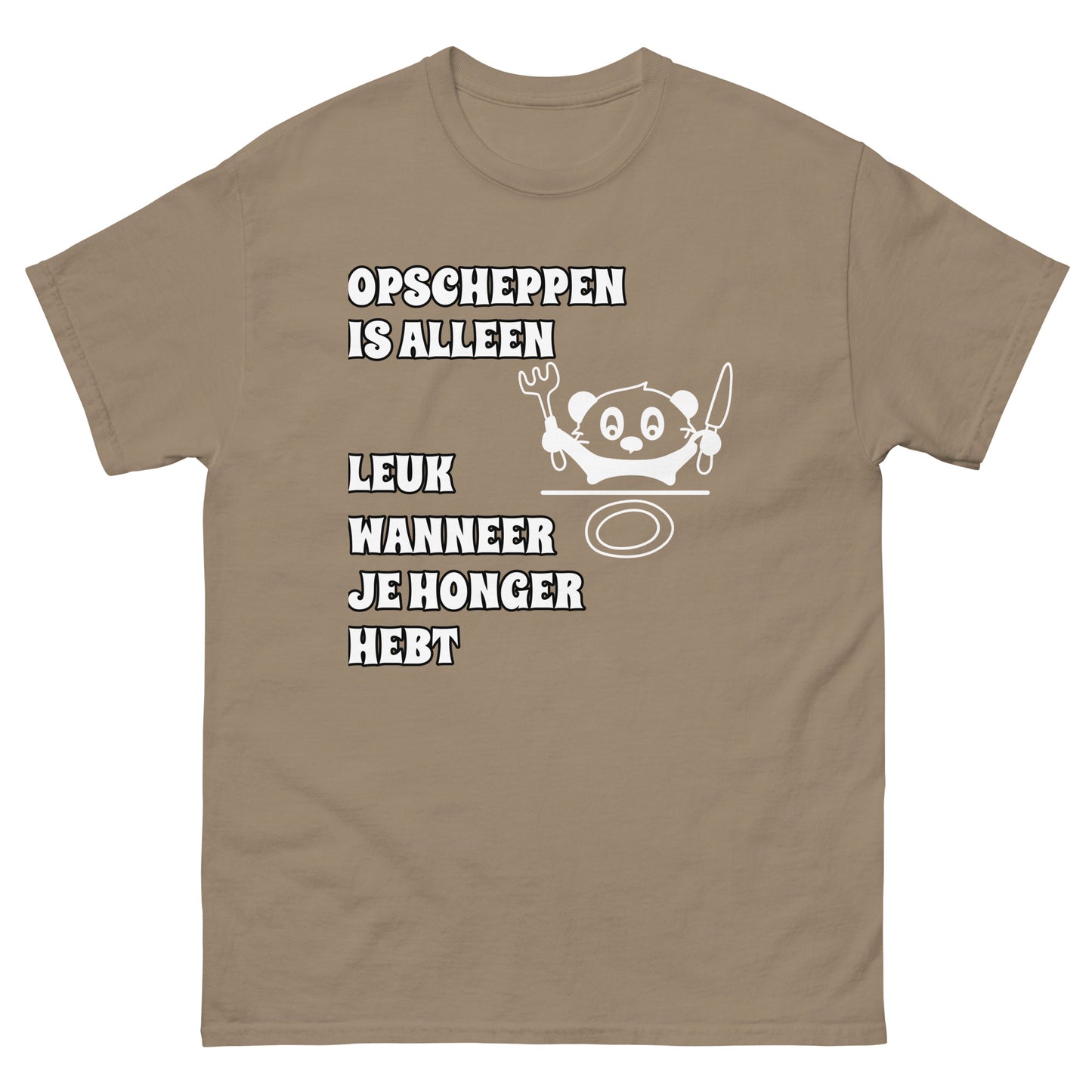 bruine T-shirt met tekst “opscheppen is alleen leuk wanneer je honger hebt”