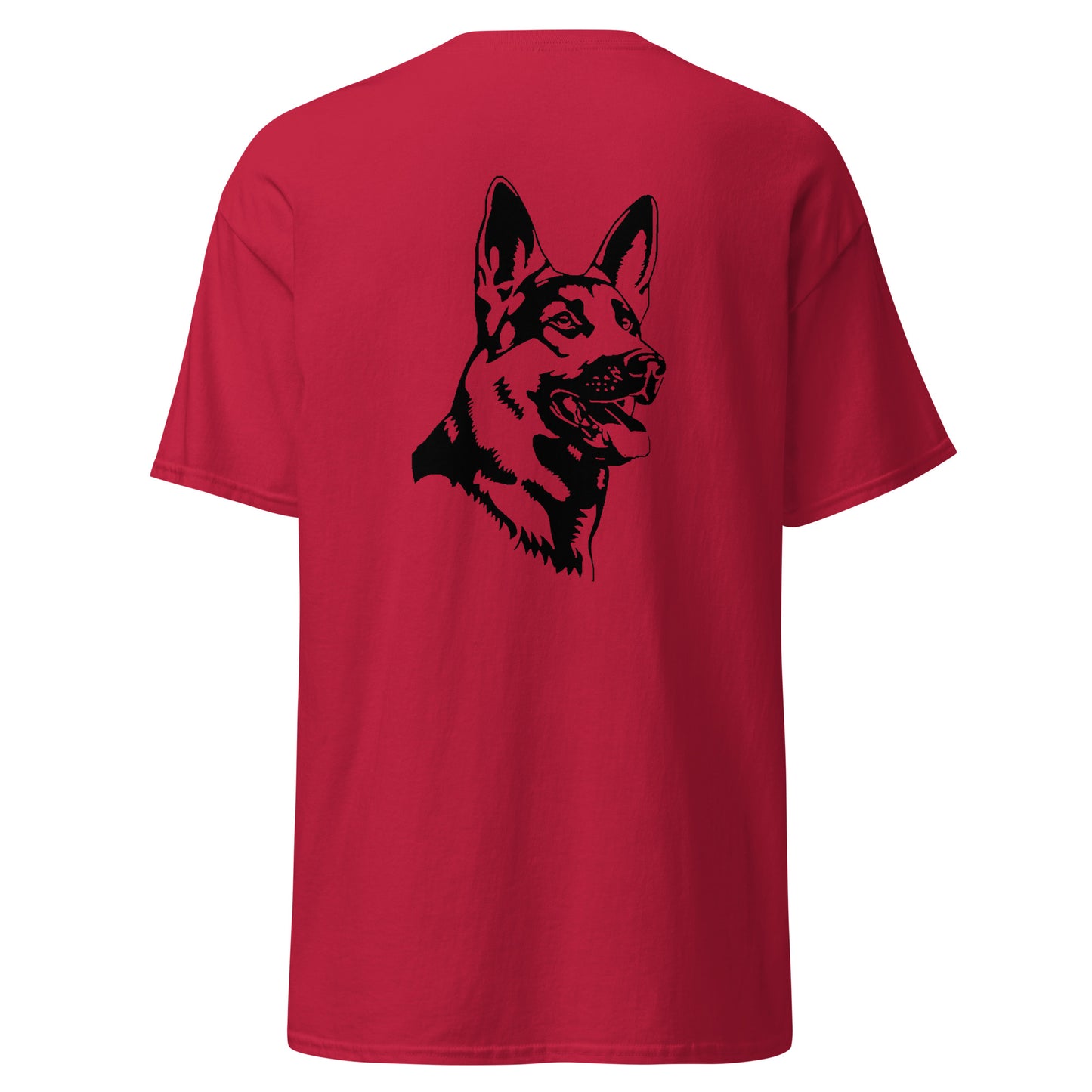 cardinal red shirt with German shepherd