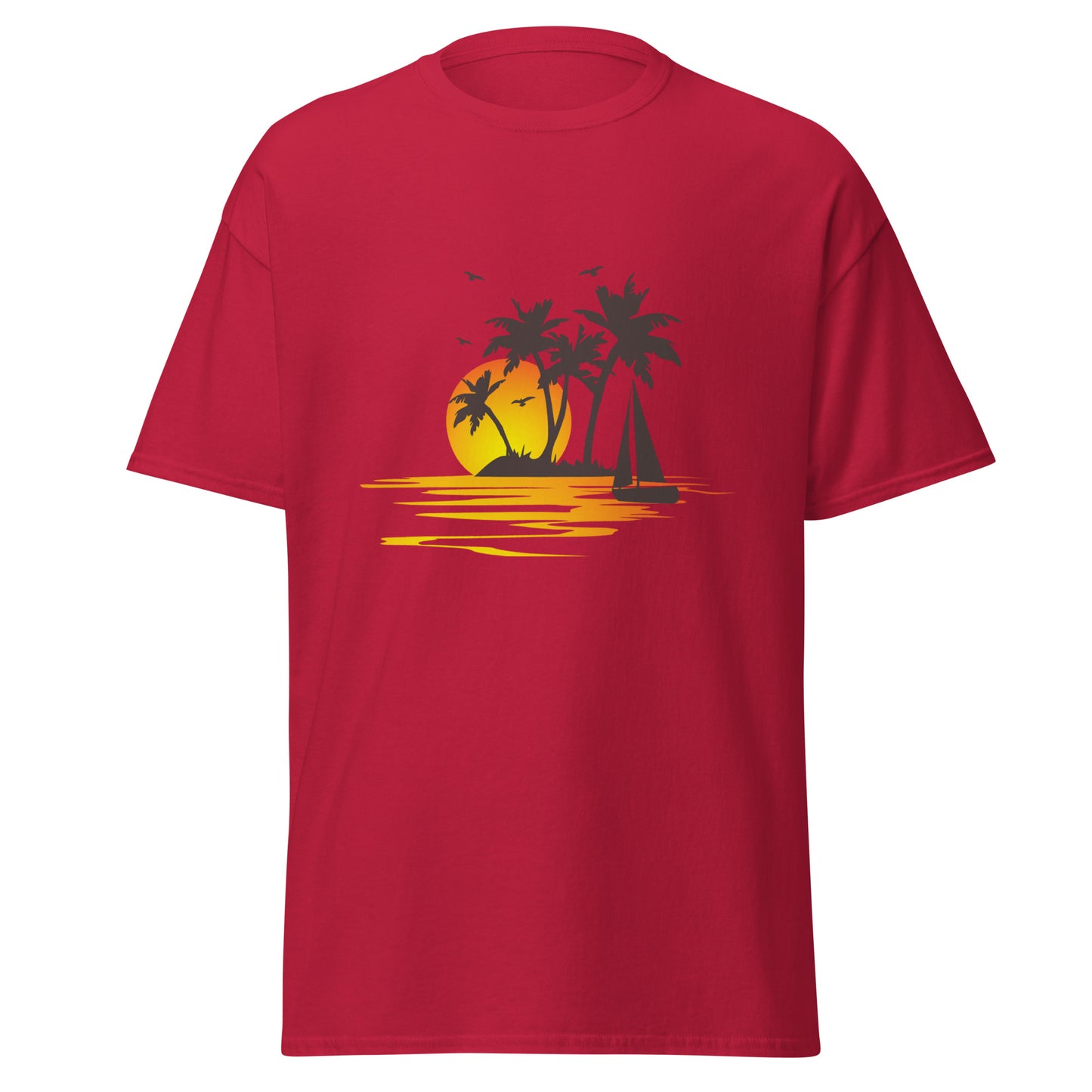 Cardinal T-shirt for men with a picture of sunset, palm trees and sailboat