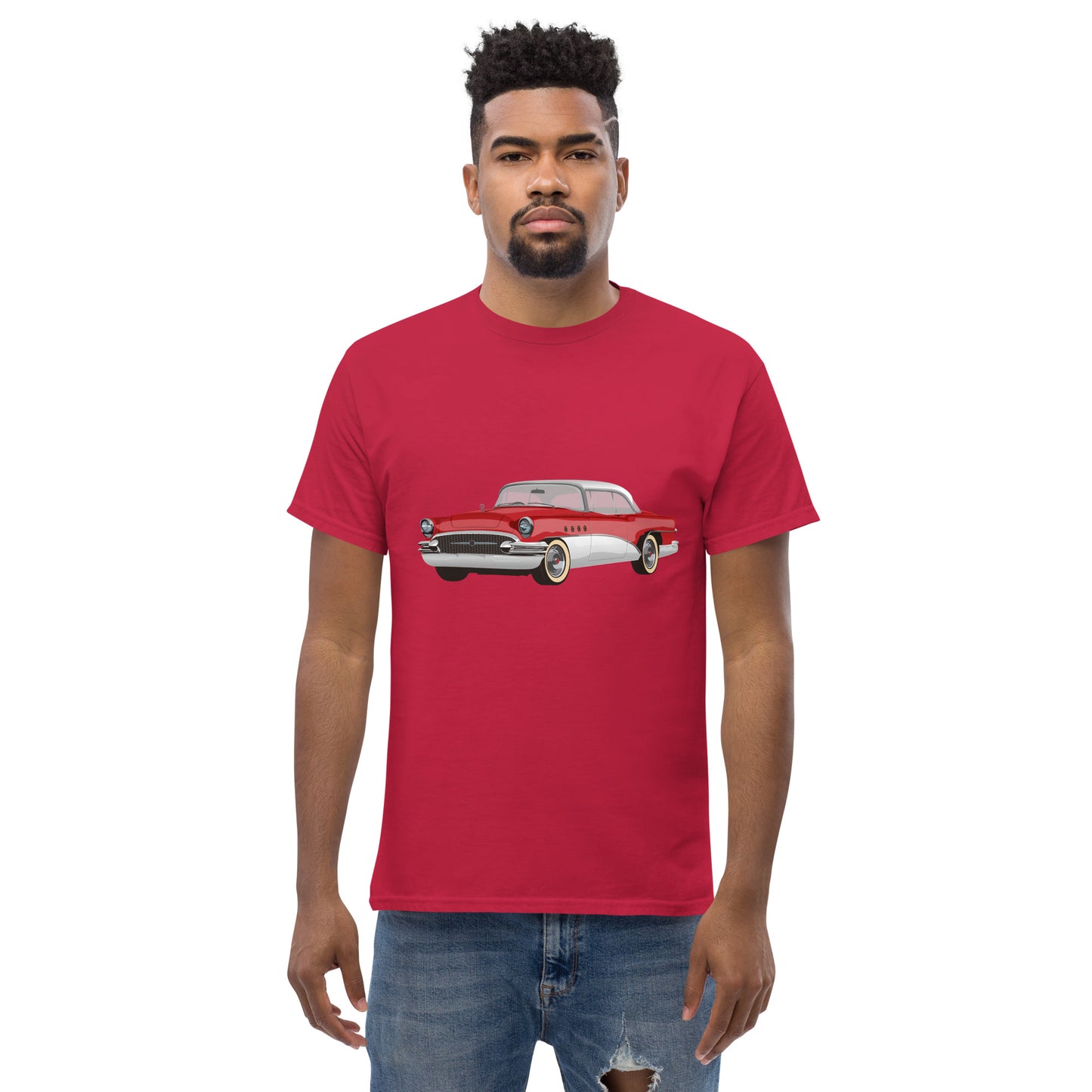 Men with cardinal red t-shirt with red Chevrolet