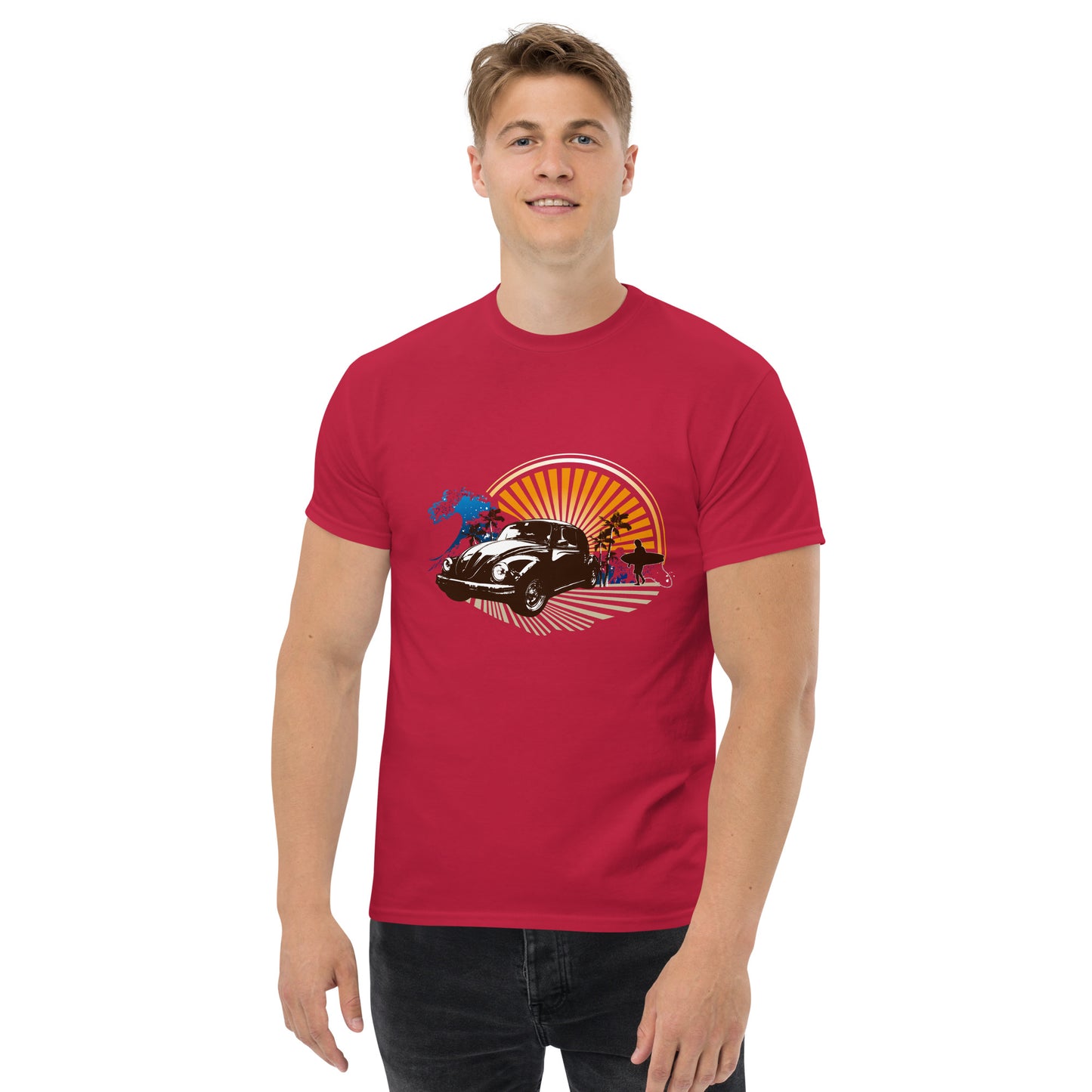 Men with cardinal red t-shirt with sunset and beetle car