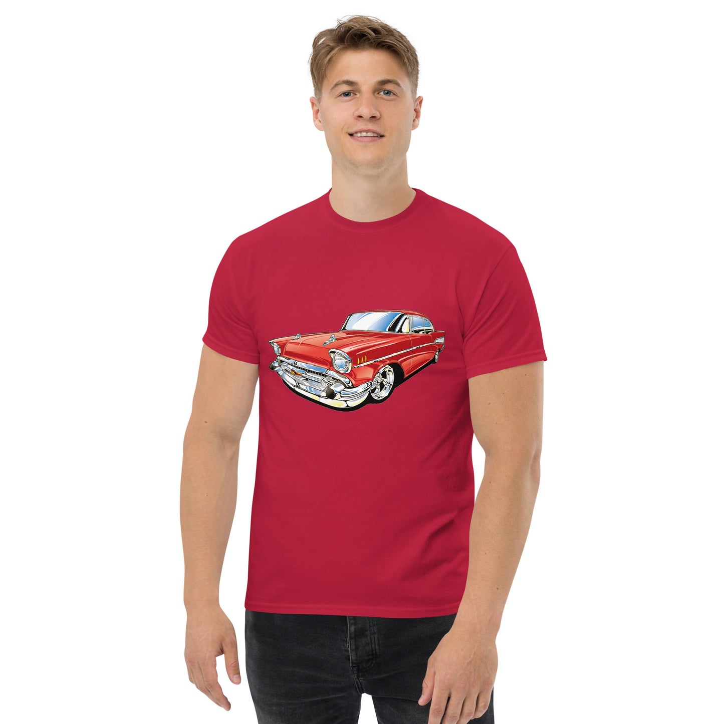 man with red t-shirt with picture of red Chevrolet Bell air