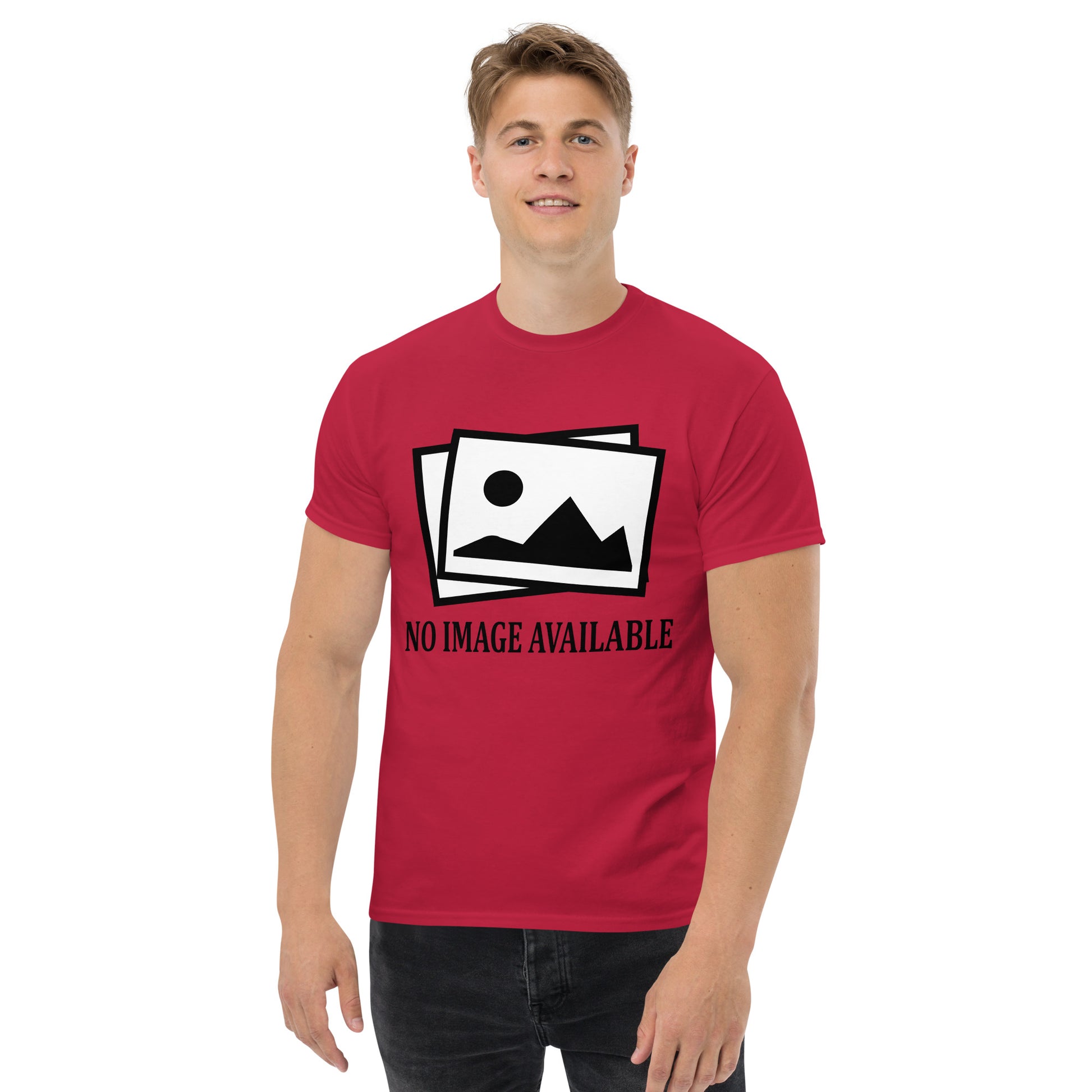 Men with carbinal red t-shirt with image and text "no image available"