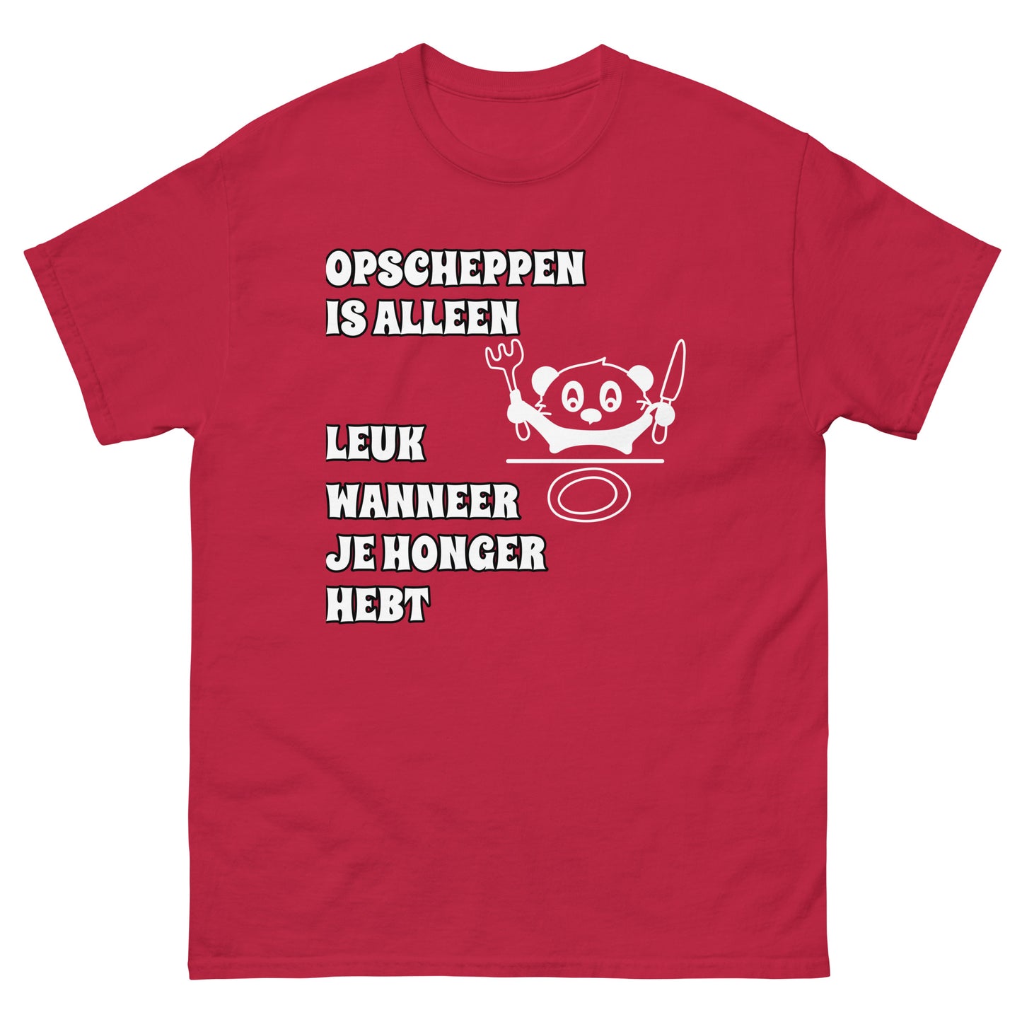 rode T-shirt met tekst  “opscheppen is alleen leuk wanneer je honger hebt” 