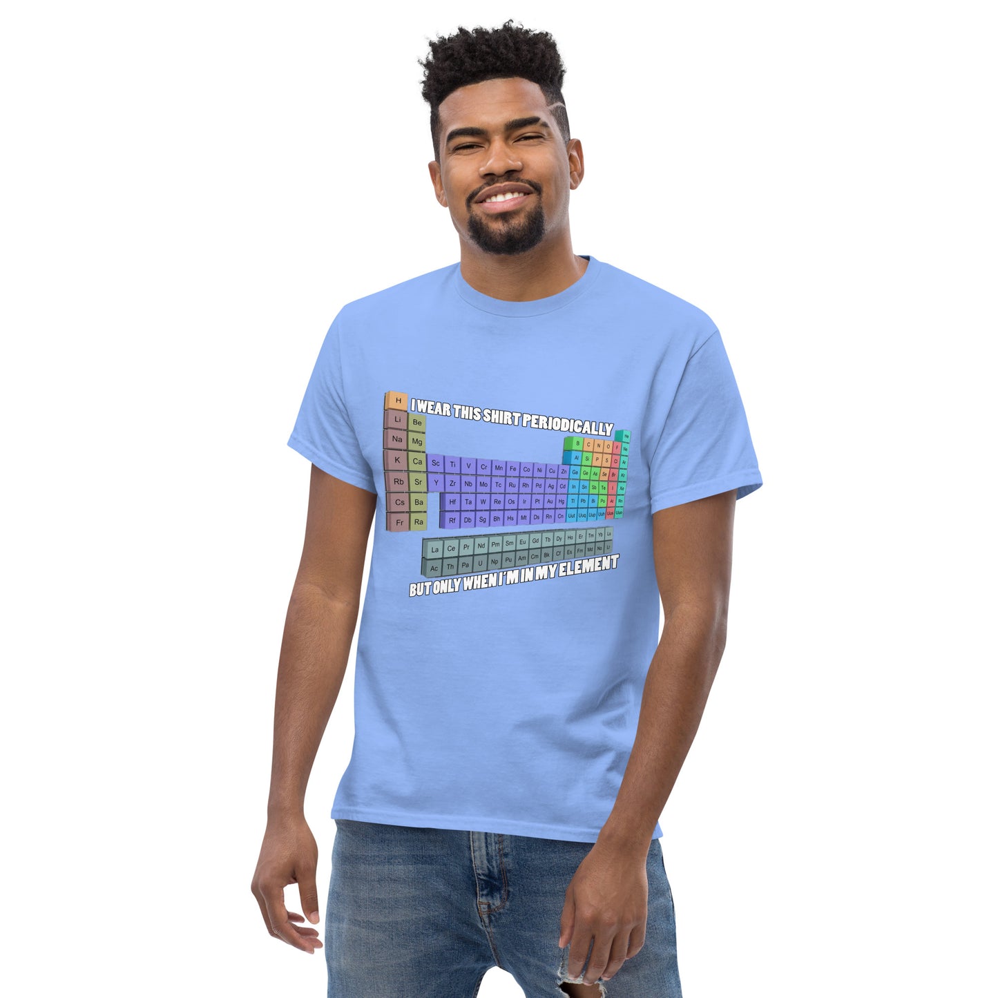 Man with caroline blue t-shirt with Mendelev's table