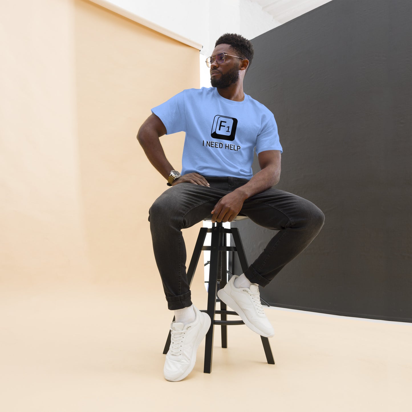 Men with Carolina blue T-shirt and a picture of F1 key with text "I need help"