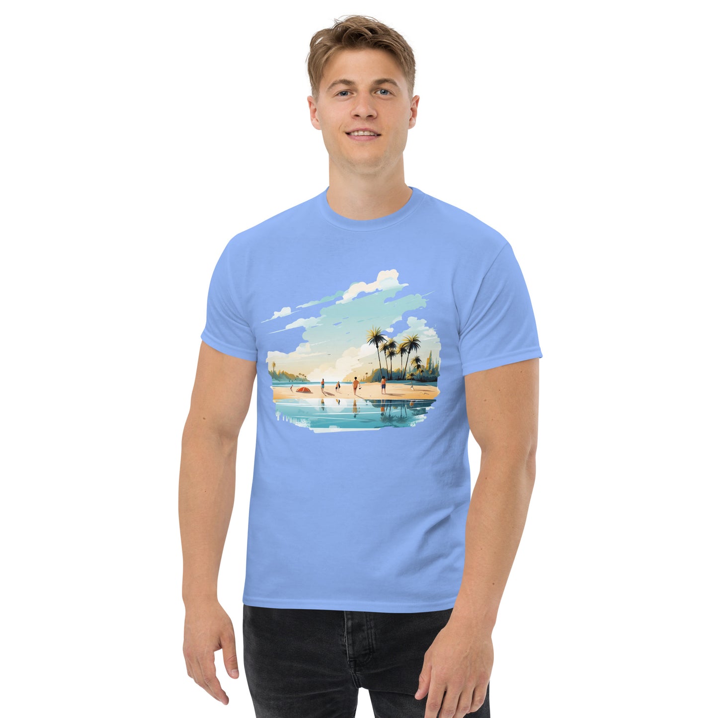 Men with carolina blue T-shirt and a picture of a island with sea and sand