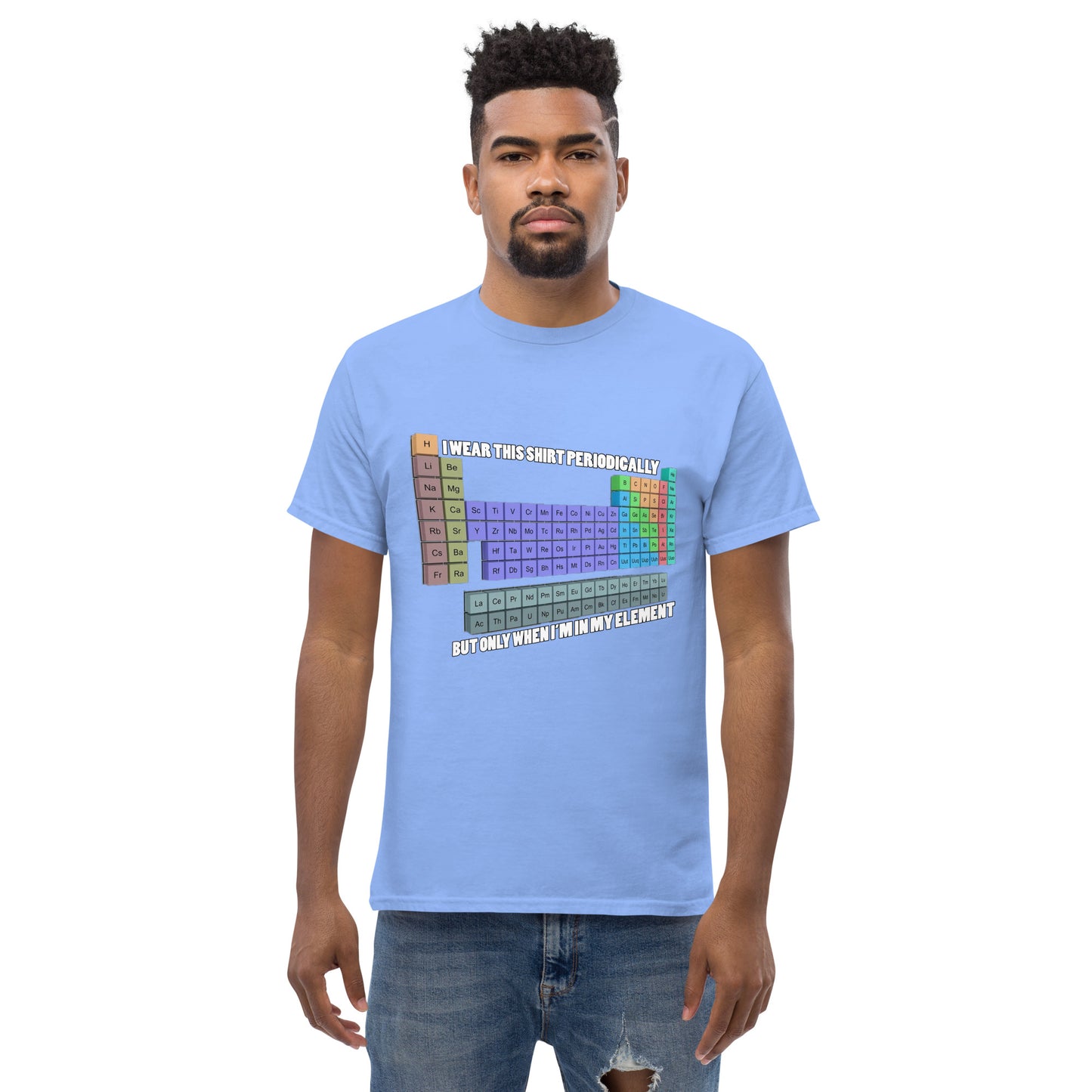 Man with caroline blue t-shirt with Mendelev's table