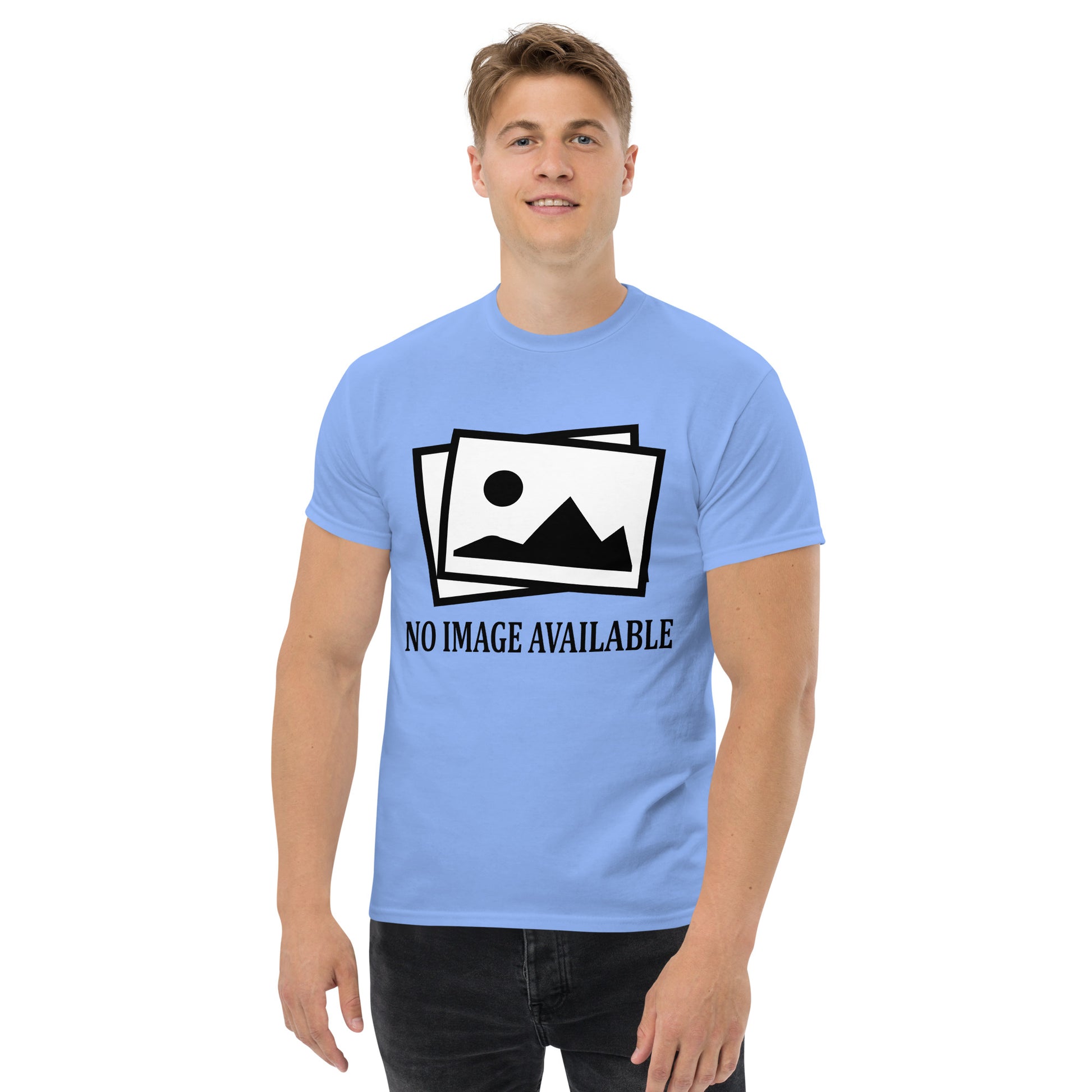 Men with carolina blue t-shirt with image and text "no image available"