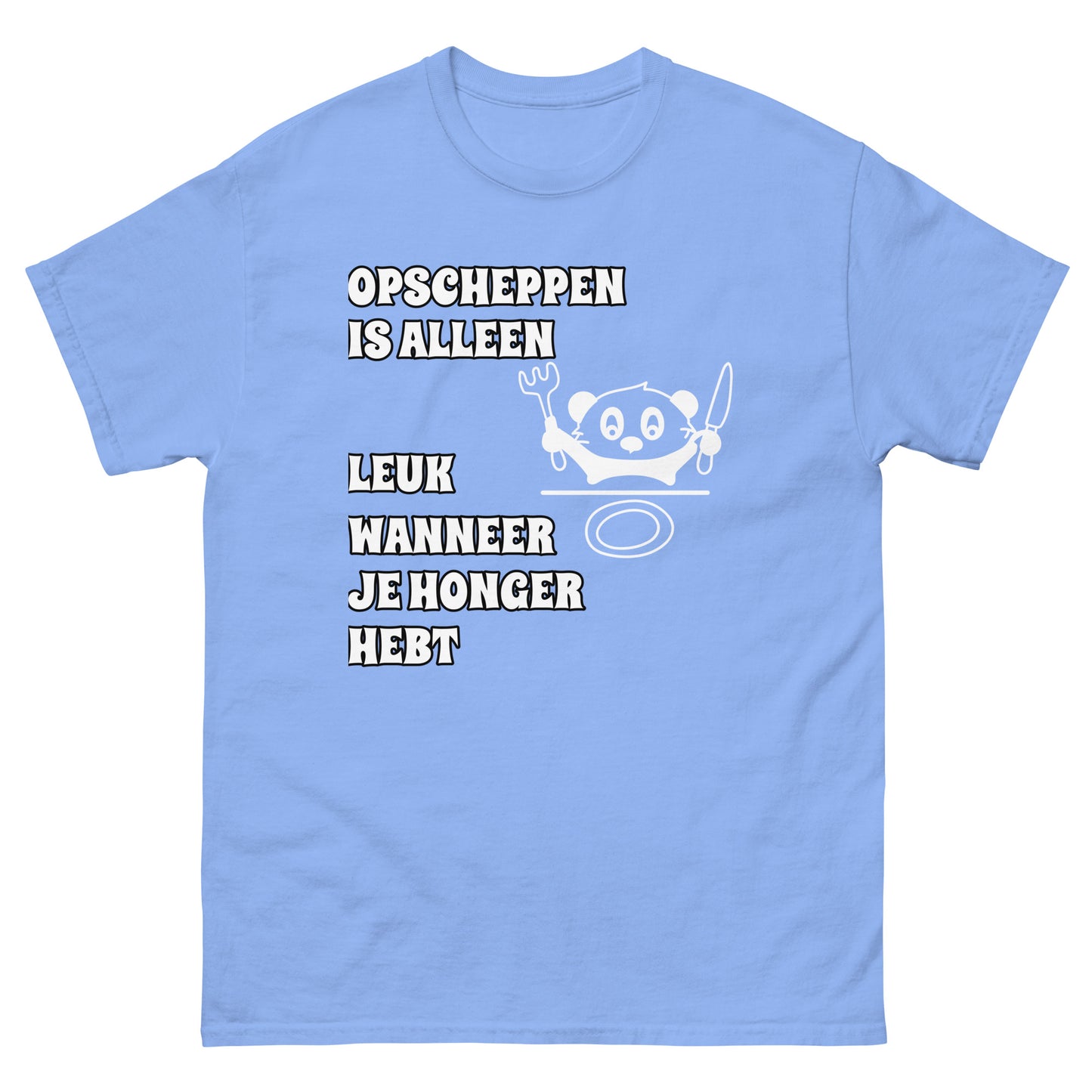 licht blauwe T-shirt met tekst “opscheppen is alleen leuk wanneer je honger hebt”