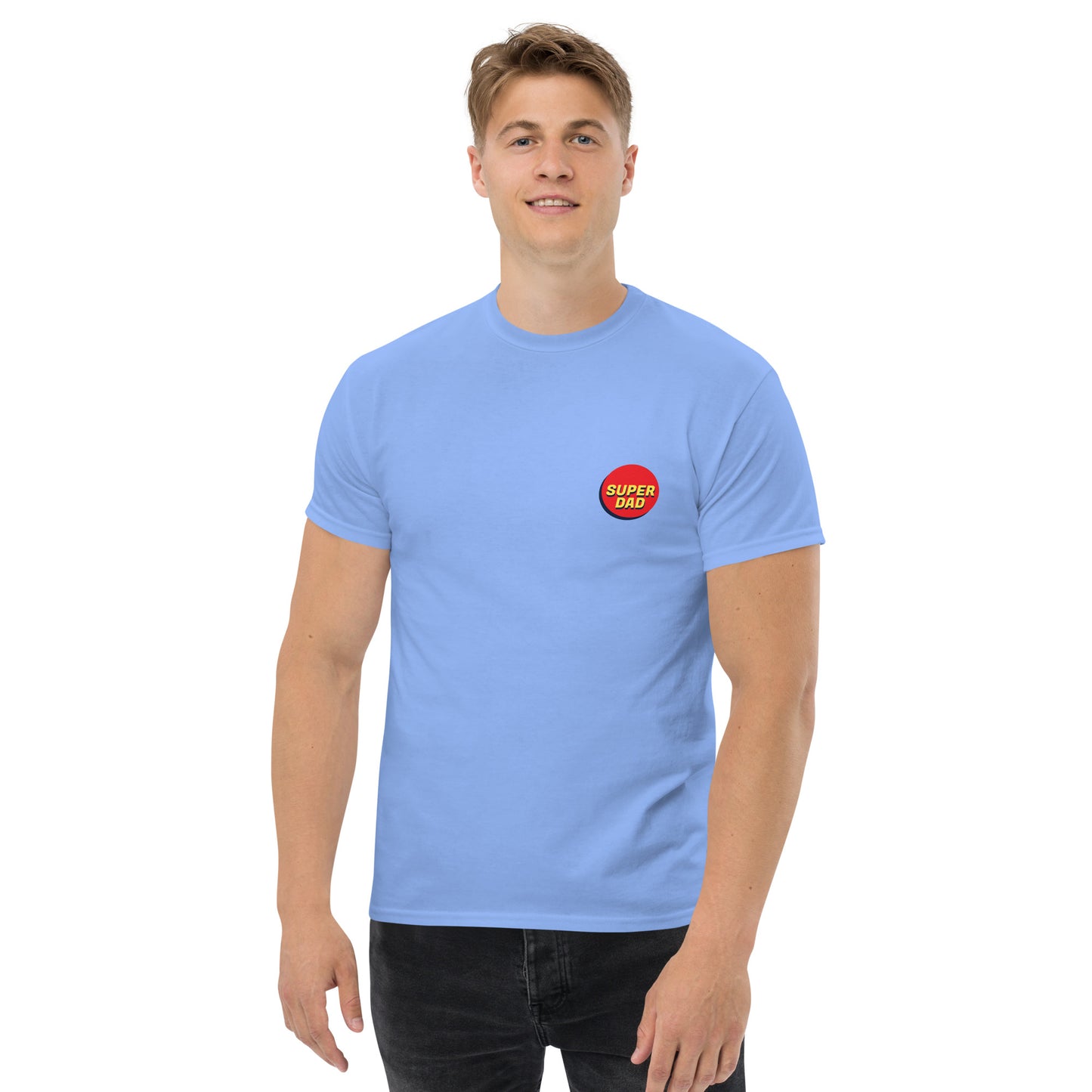 Men with carolina blue T-shirt and Super dad logo on the front