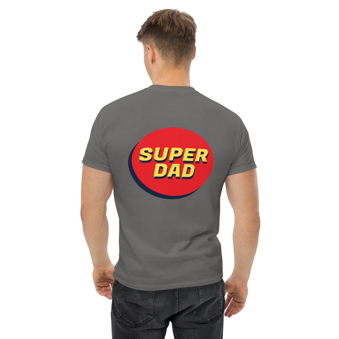 Men with charcoal T-shirt and Super dad on the back