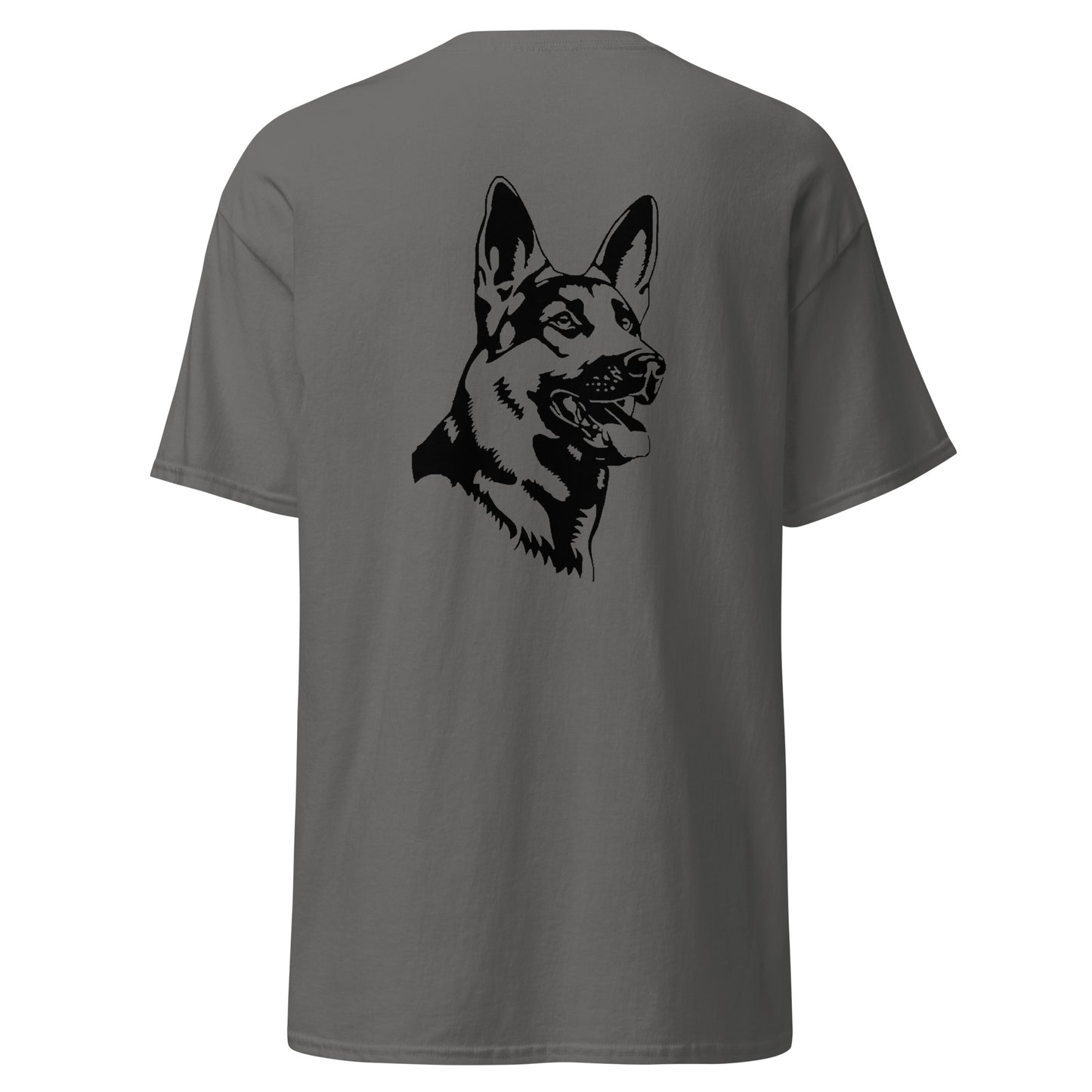 charcoal shirt with German shepherd