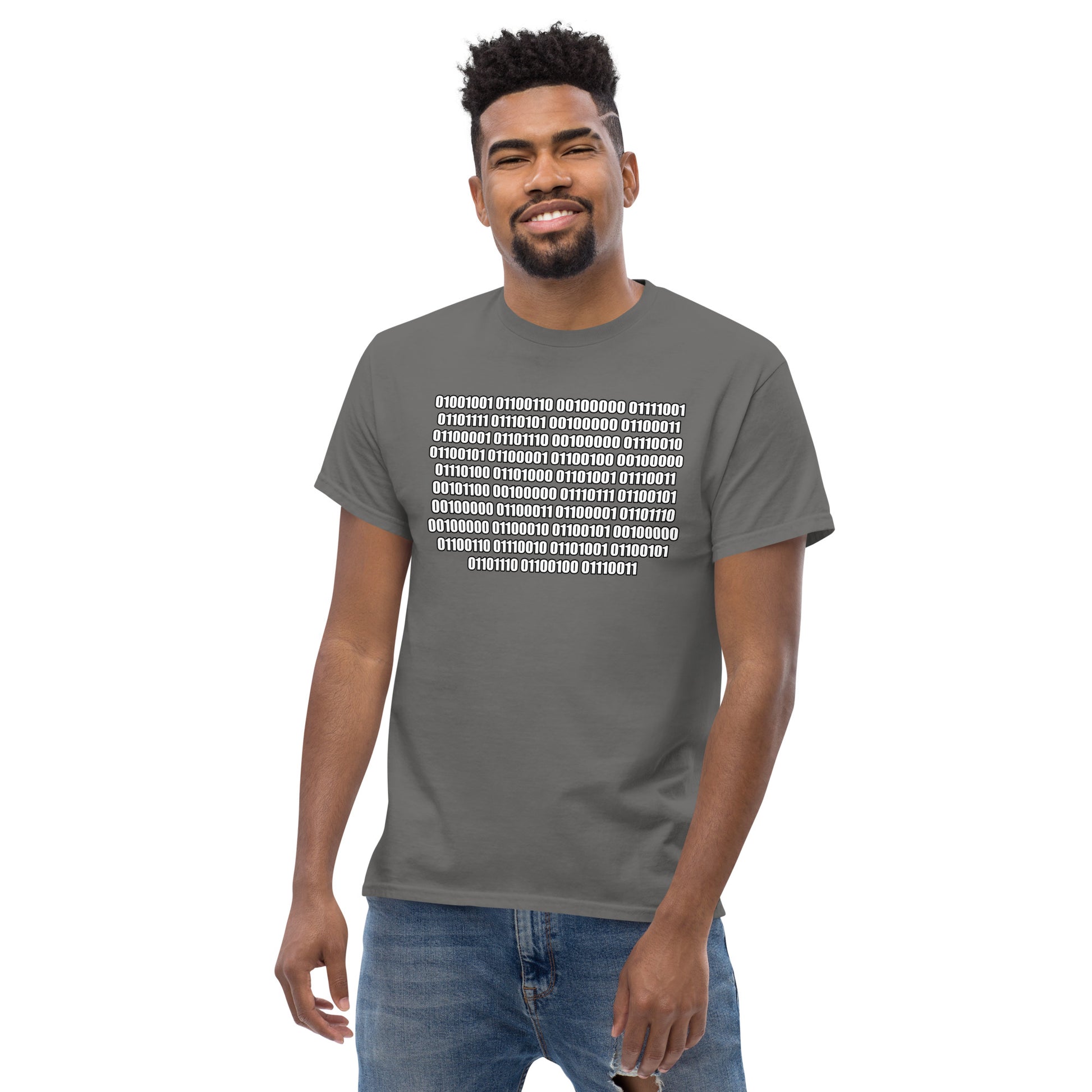 Men with charcoal t-shirt with binaire text "If you can read this"