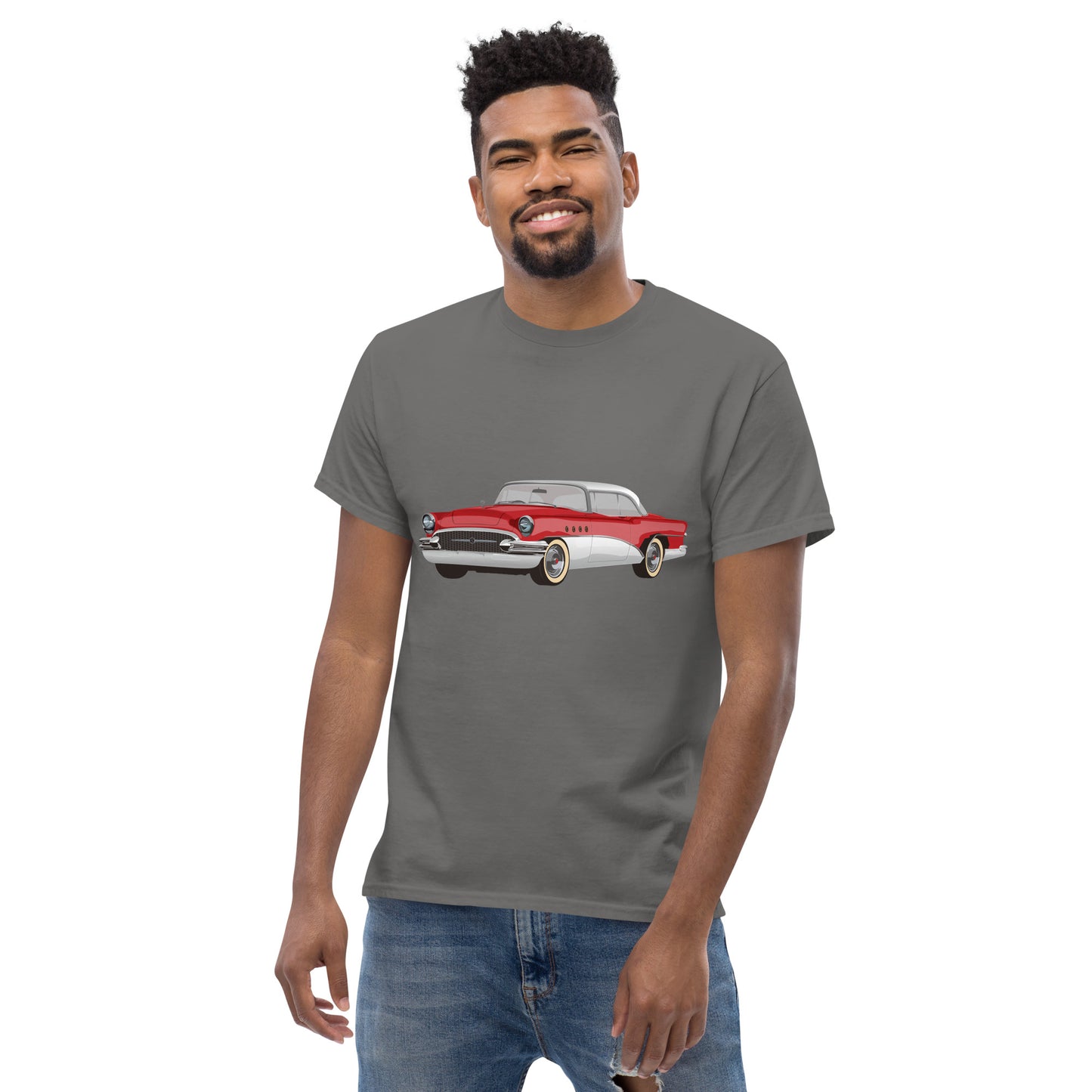 Men with grey t-shirt with red Chevrolet