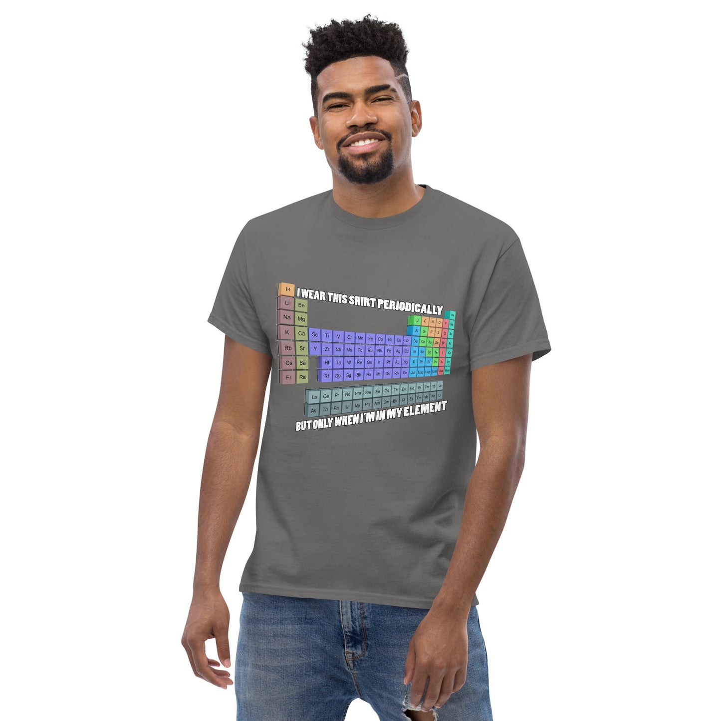 Man with grey t-shirt with Mendelev's table