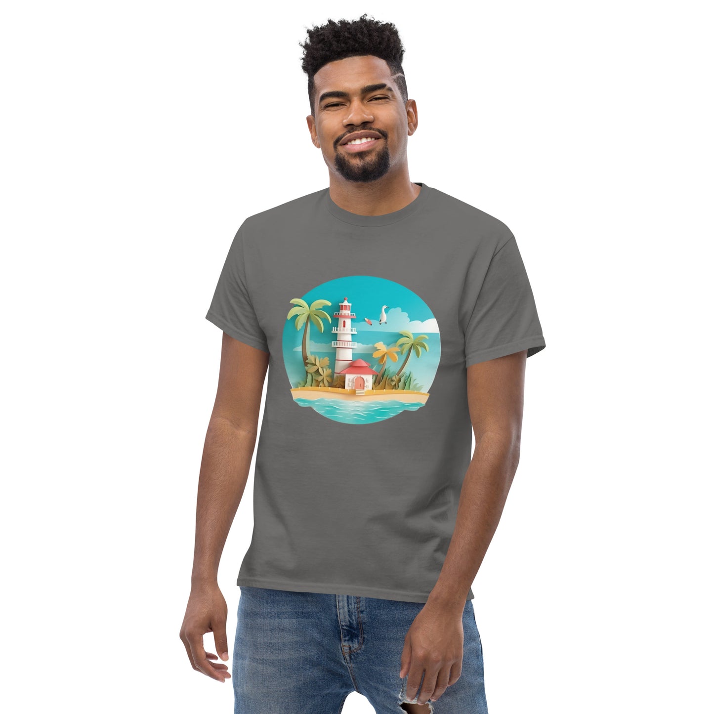 Man with grey t-shirt with picture of lighthouse and palm trees